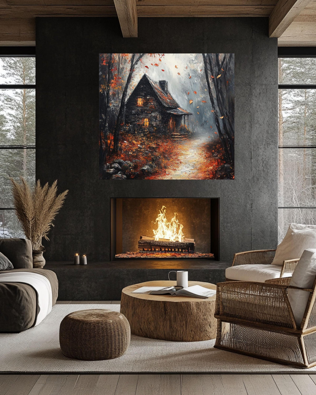 Gothic Autumn Cottage Print: Dark Academia Haunted Fall Scene Canvas Wall Art Print – Premium Home Decor