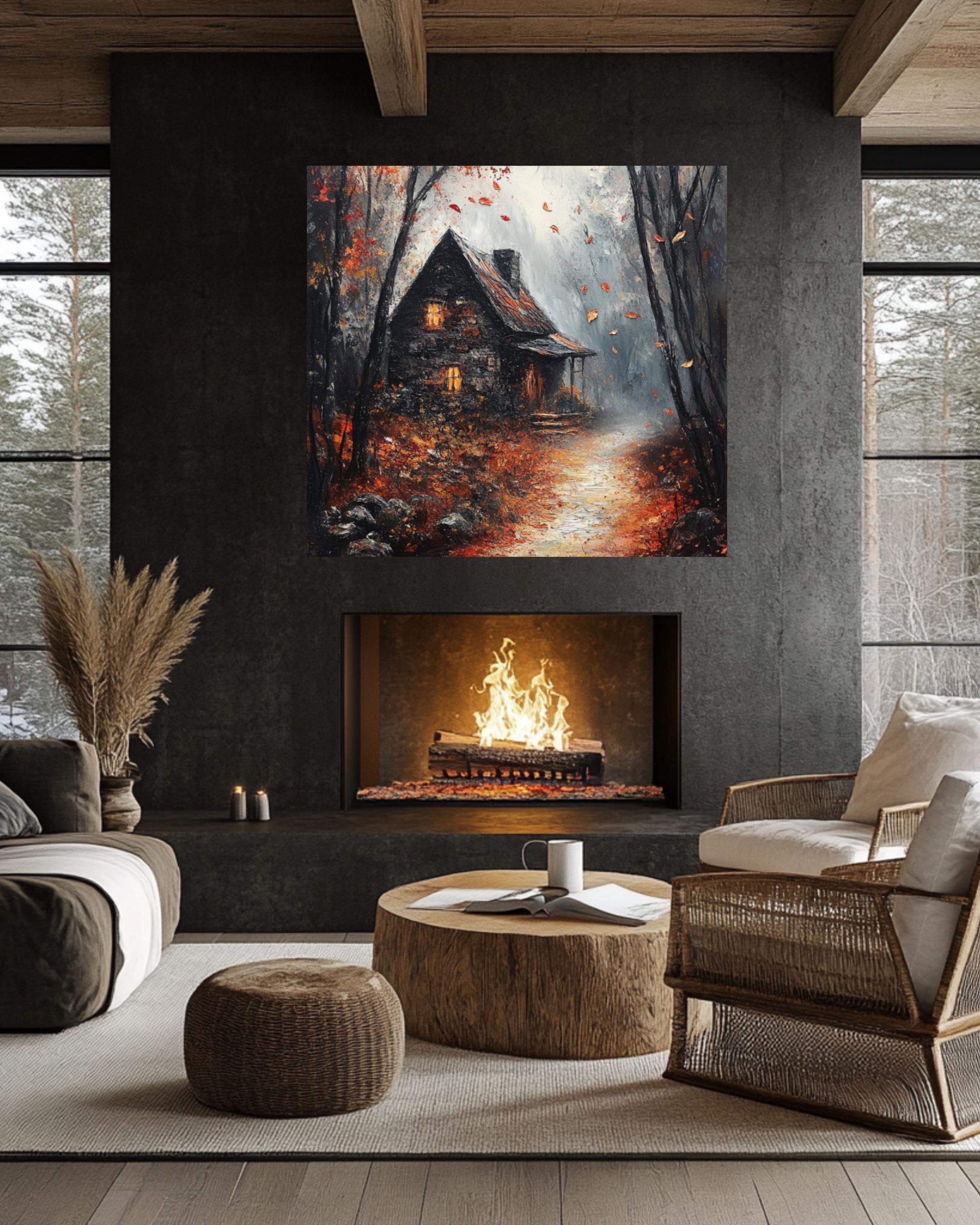 Gothic Autumn Cottage Print: Dark Academia Haunted Fall Scene Canvas Wall Art Print – Premium Home Decor
