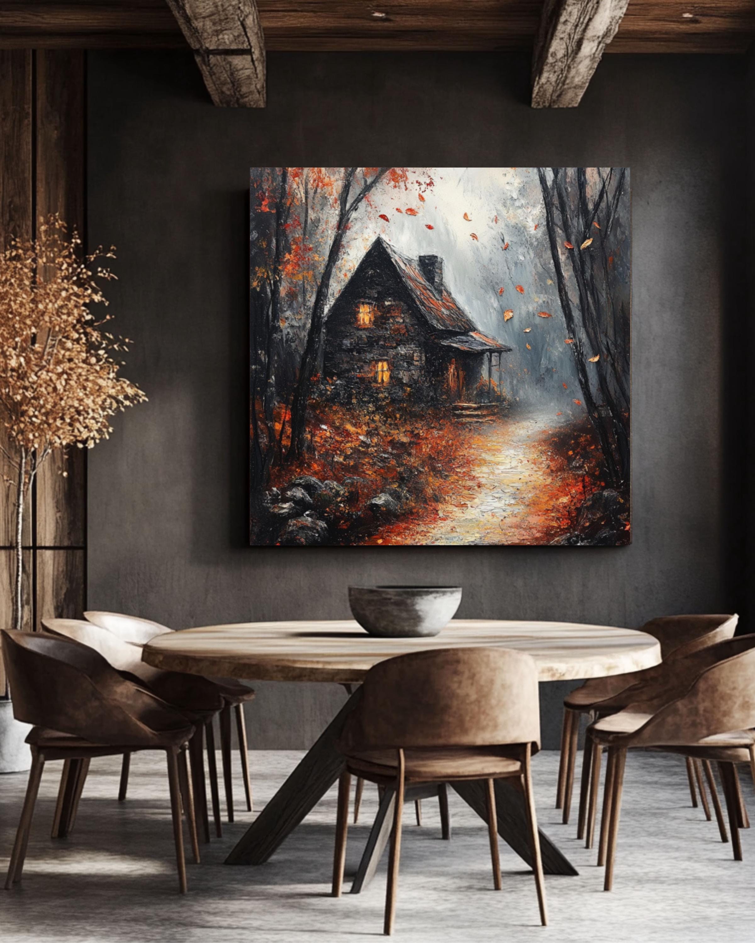 Gothic Autumn Cottage Print: Dark Academia Haunted Fall Scene Canvas Wall Art Print – Premium Home Decor