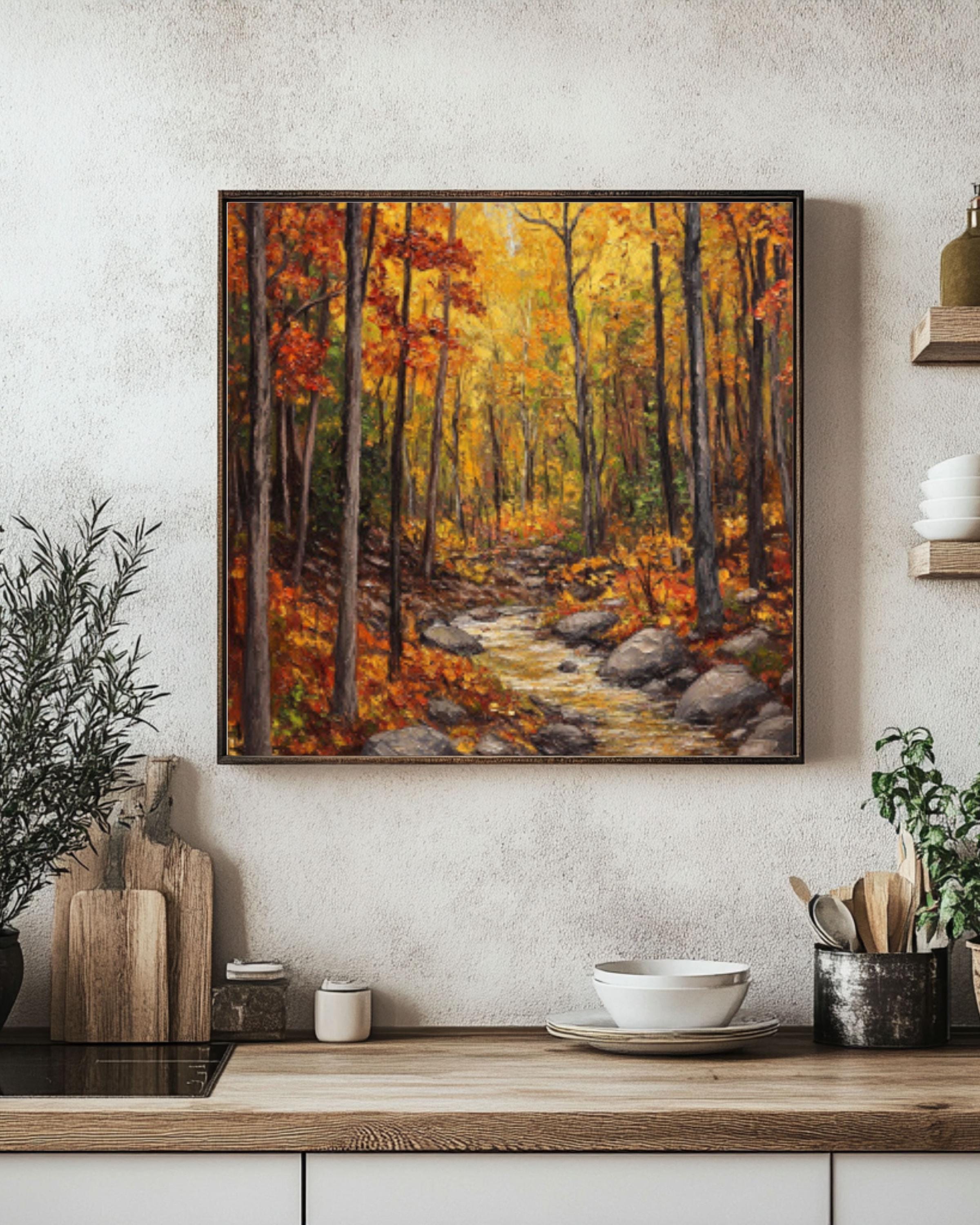 Autumn Forest Stream Oil Painting: Rustic Fall Landscape Art Canvas Wall Art Print – Premium Home Decor