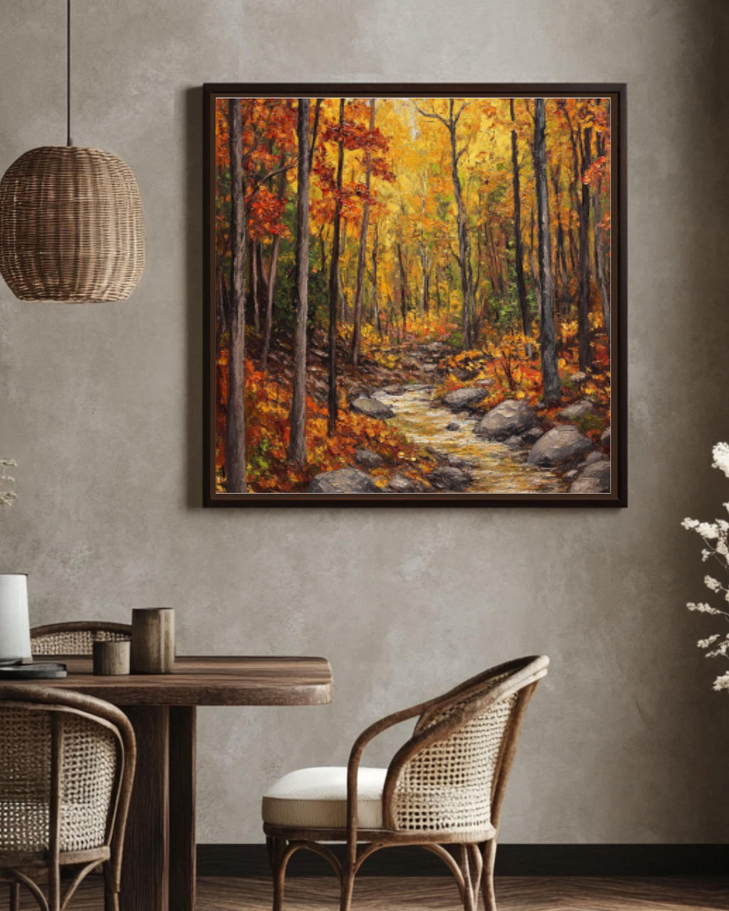 Autumn Forest Stream Oil Painting: Rustic Fall Landscape Art Canvas Wall Art Print – Premium Home Decor