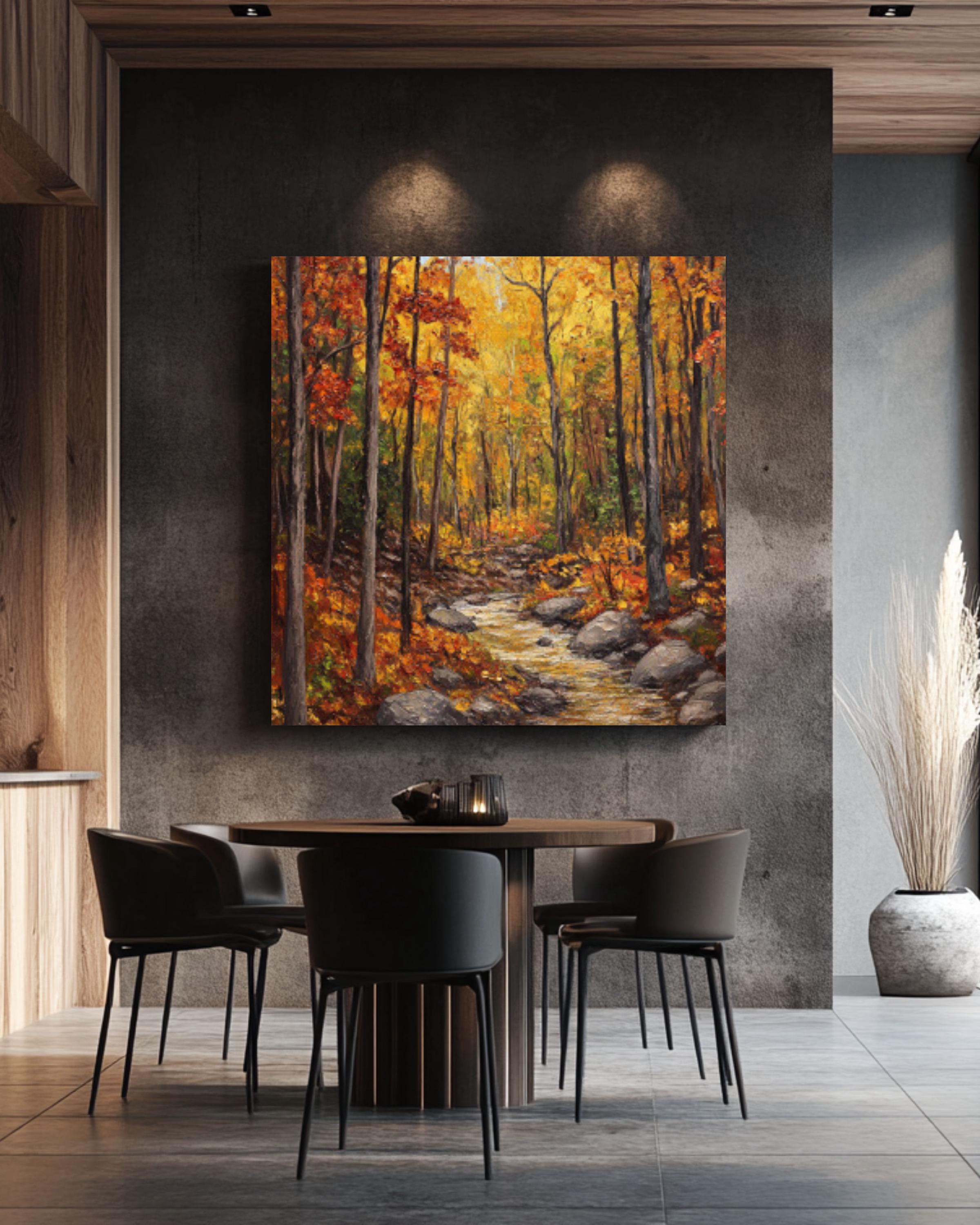 Autumn Forest Stream Oil Painting: Rustic Fall Landscape Art Canvas Wall Art Print – Premium Home Decor