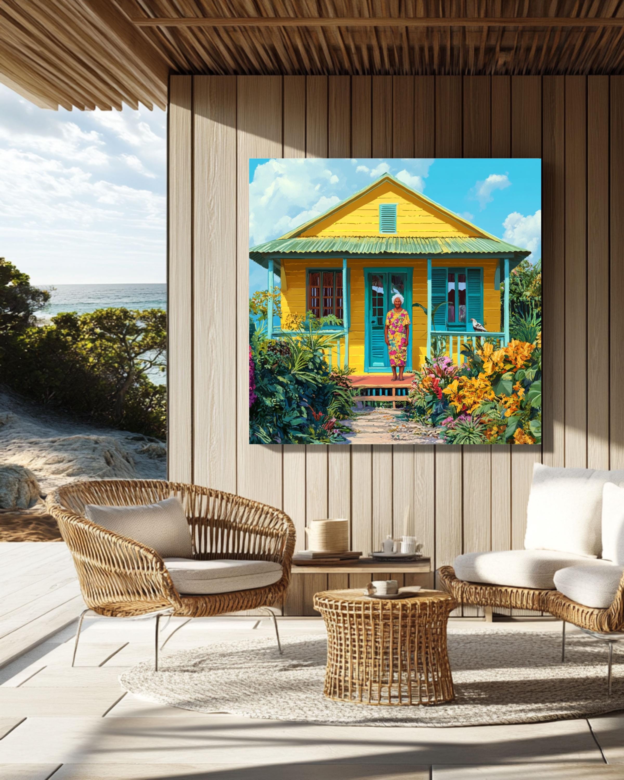Caribbean Cottage Art: Tropical Island Home Scene - Colorful Print Canvas Wall Art Print – Premium Home Decor
