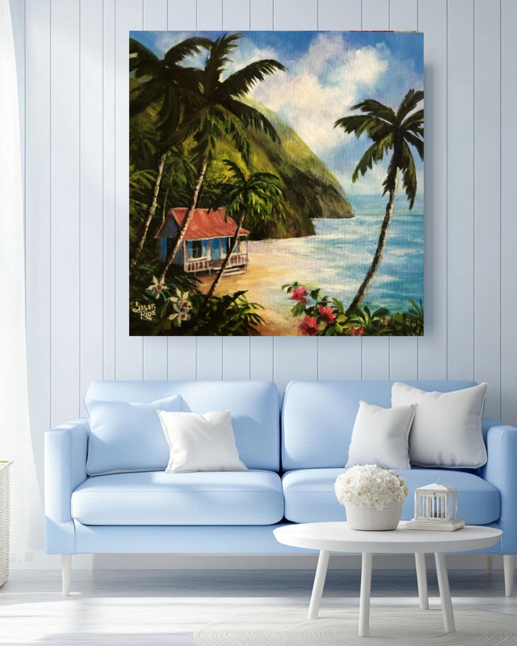 Caribbean Island Beach Art: Tropical Palm Tree Painting, Coastal Decor Canvas Wall Art Print – Premium Home Decor