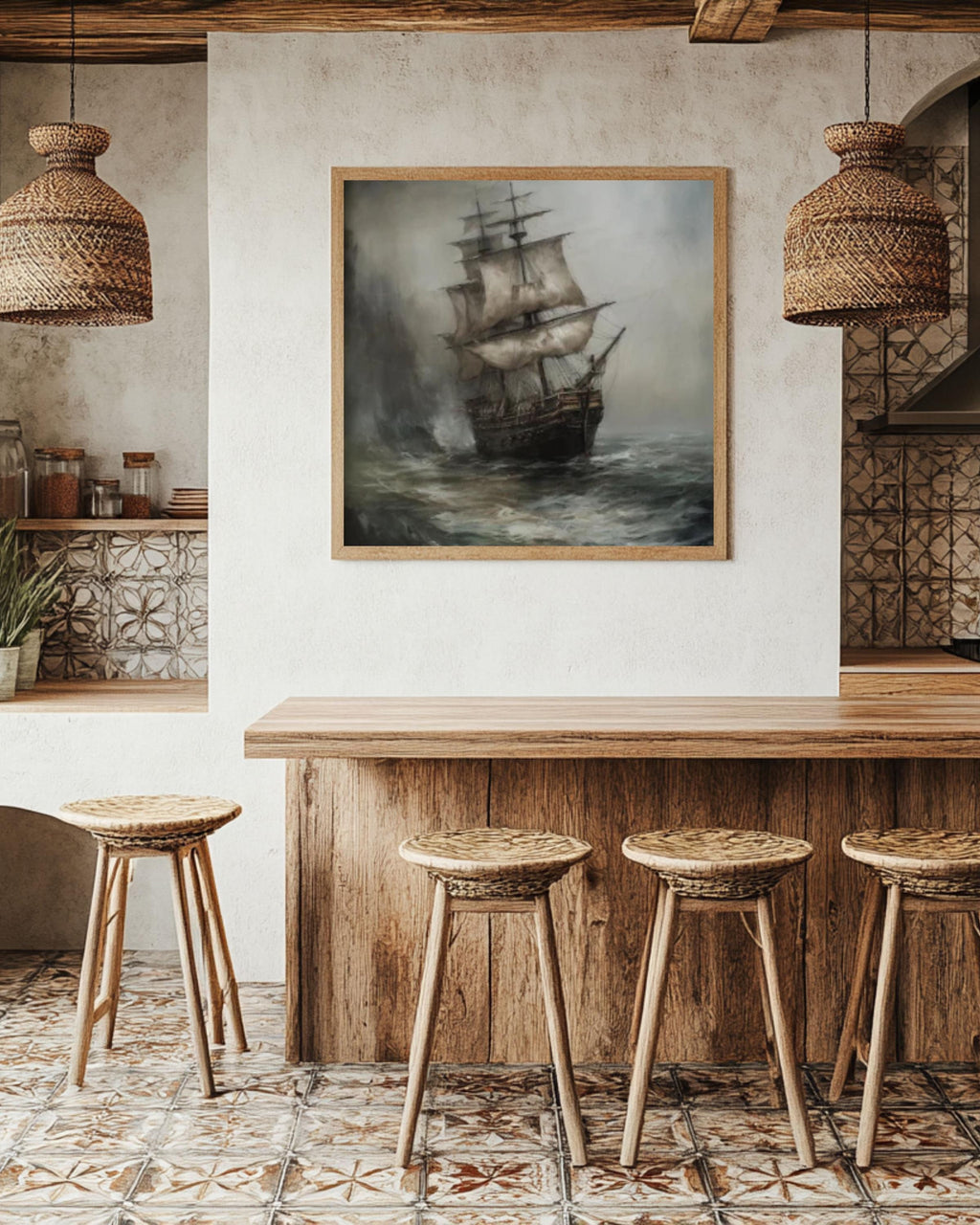 Dark Pirate Ship Art: Moody Stormy Sea Oil Painting Print Canvas Wall Art Print – Premium Home Decor