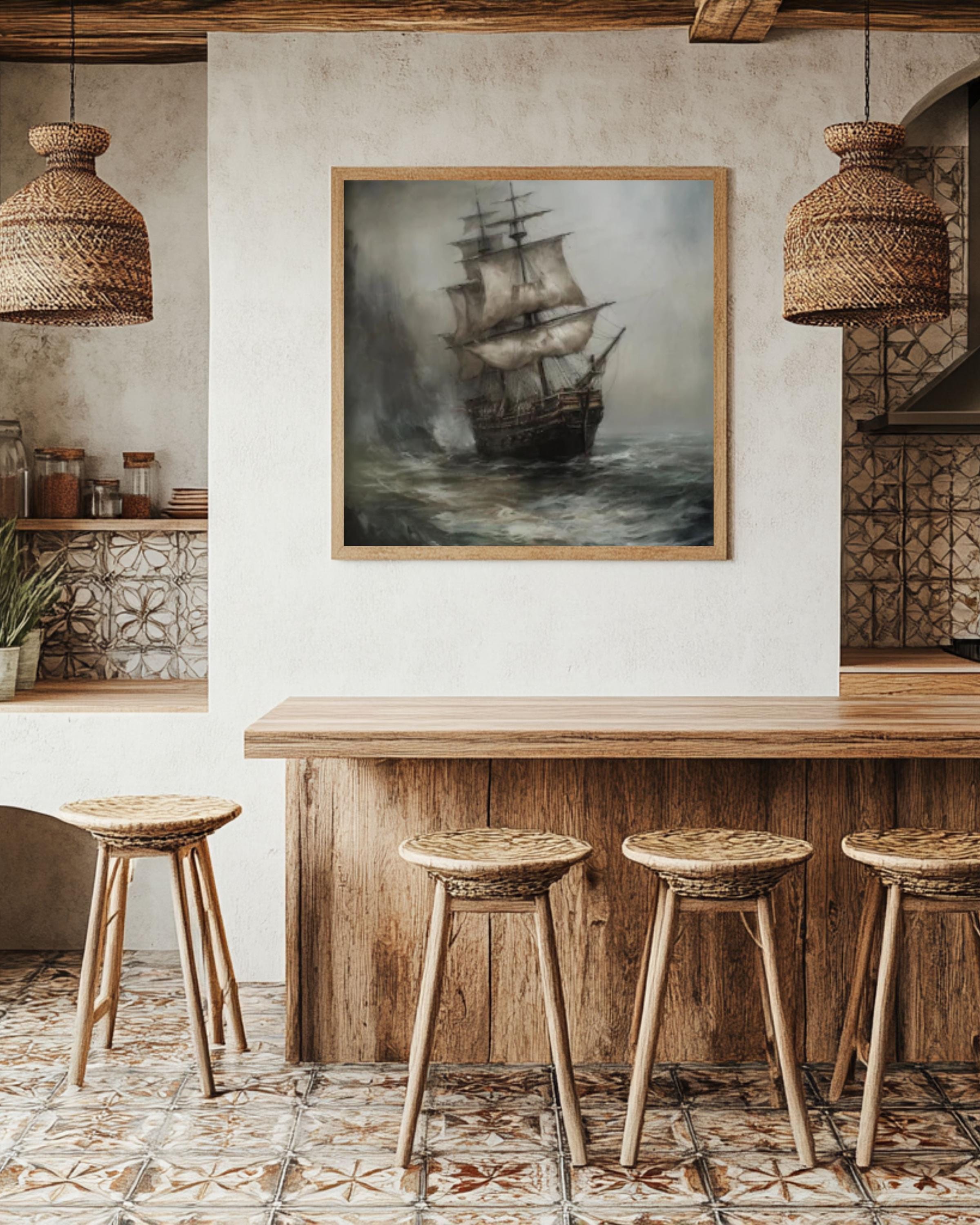 Dark Pirate Ship Art: Moody Stormy Sea Oil Painting Print Canvas Wall Art Print – Premium Home Decor