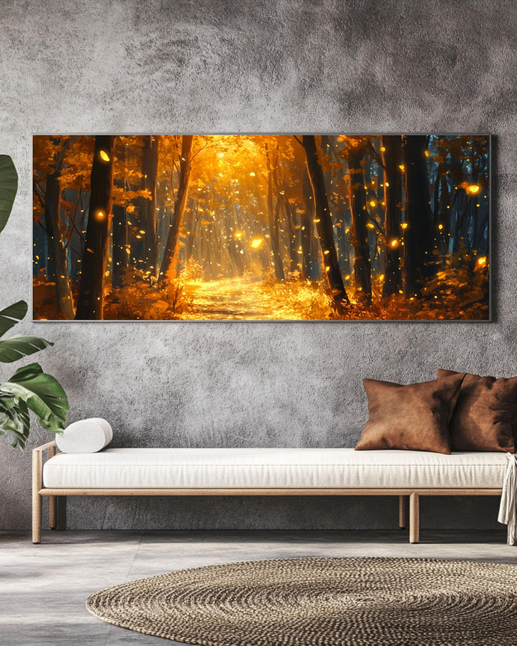 Autumn Forest Road Canvas Art: Fireflies, Golden Fall Landscape Canvas Wall Art Print – Premium Home Decor