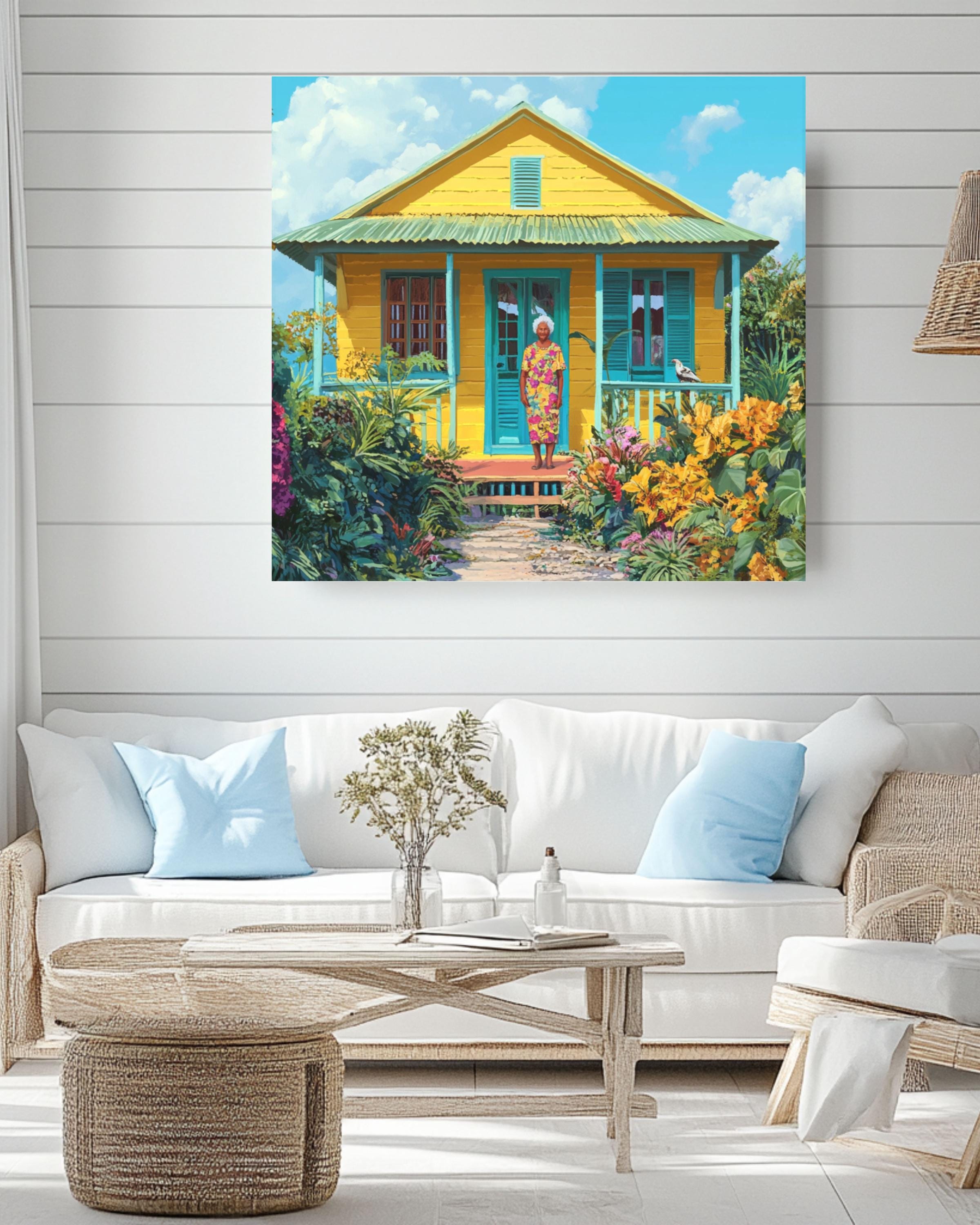 Caribbean Cottage Art: Tropical Island Home Scene - Colorful Print Canvas Wall Art Print – Premium Home Decor