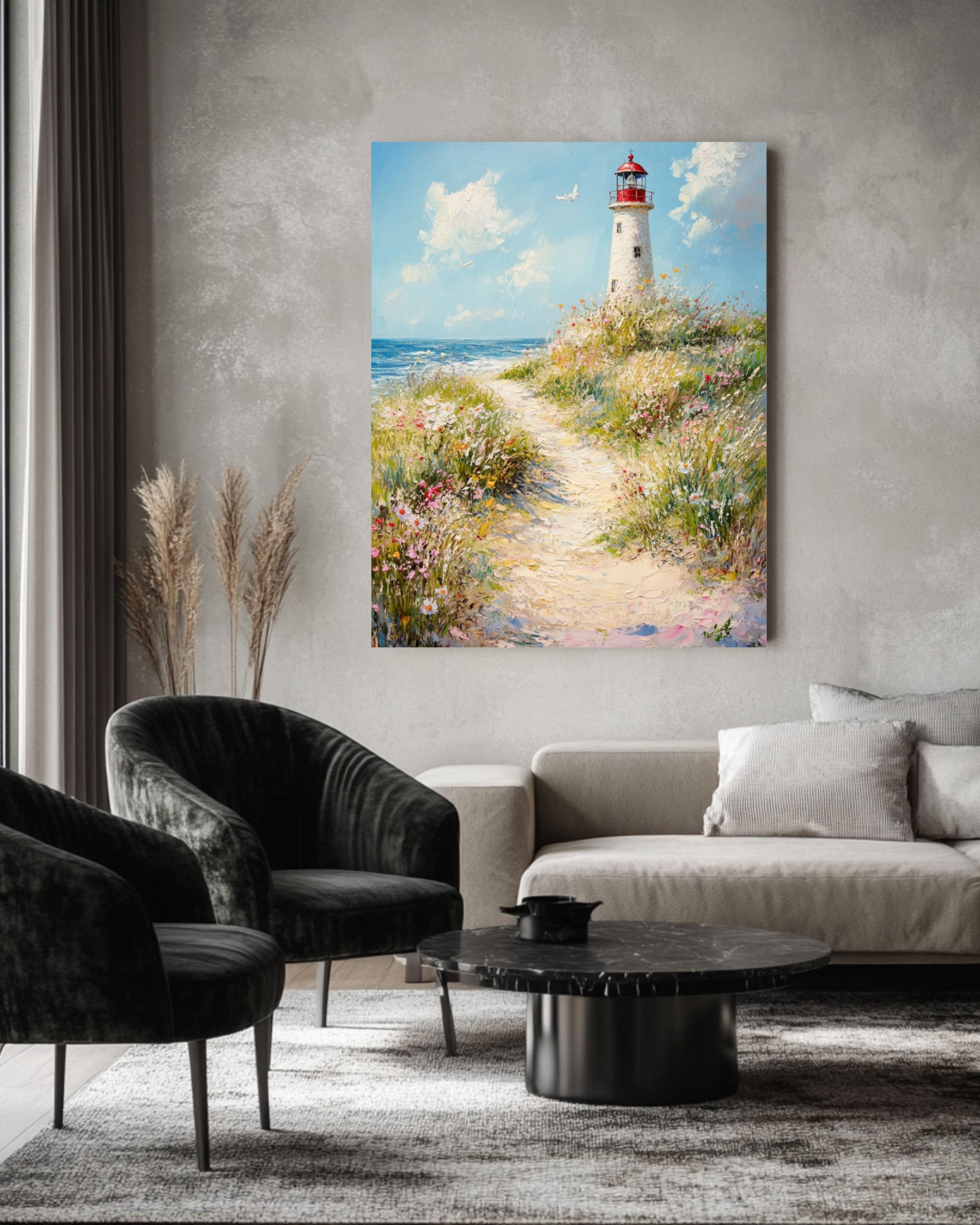 Coastal Lighthouse Print: Seaside Dune Path, Beach Landscape Canvas Wall Art Print – Premium Home Decor