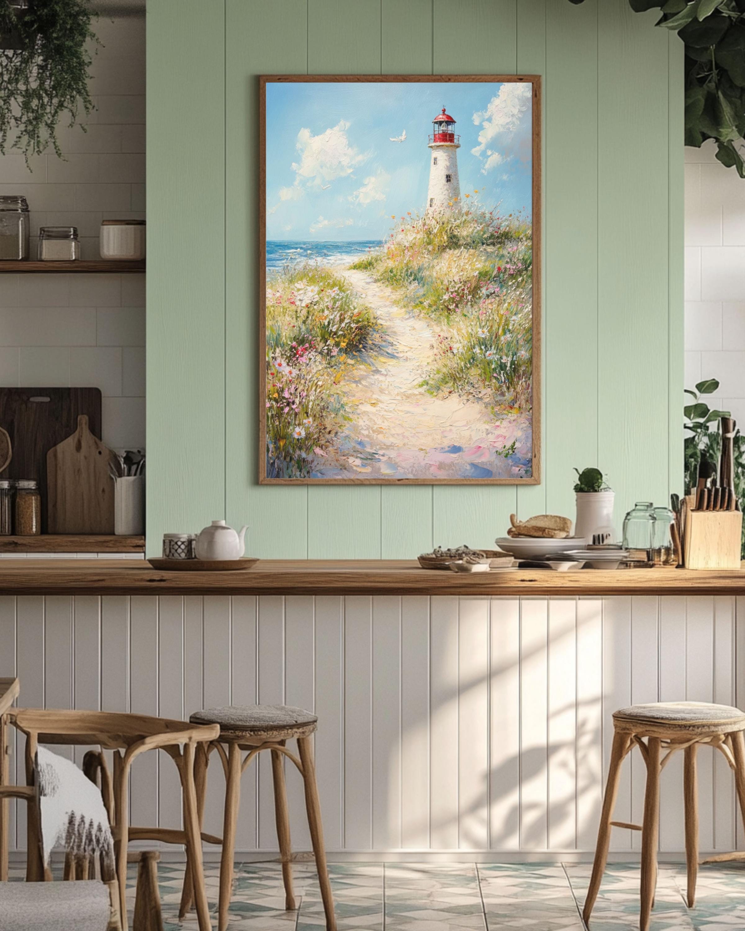 Coastal Lighthouse Print: Seaside Dune Path, Beach Landscape Canvas Wall Art Print – Premium Home Decor