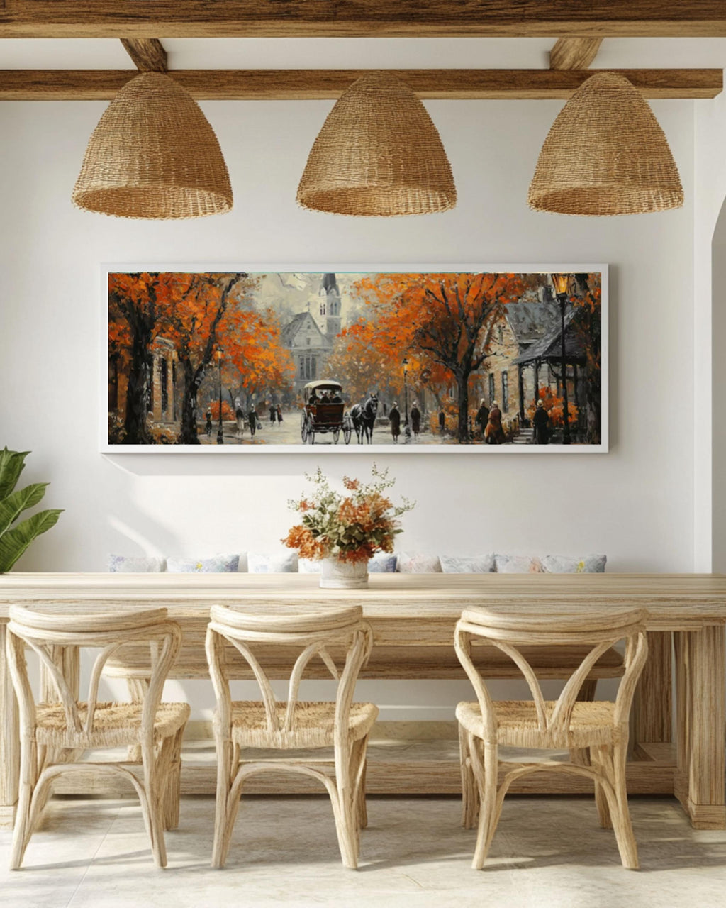 Vintage Autumn City Street Oil Painting: Horse Carriage & Church Canvas Wall Art Print – Premium Home Decor