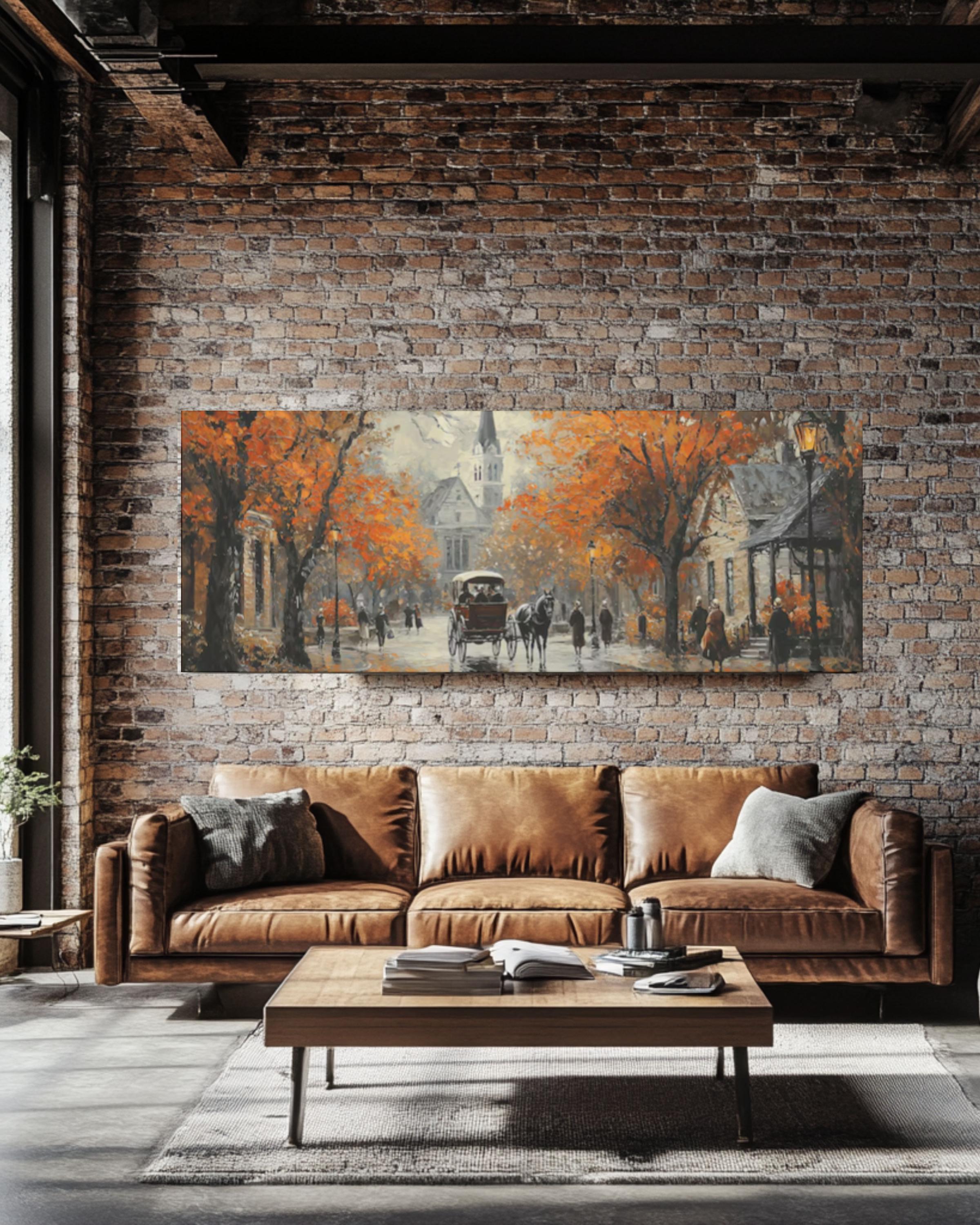 Vintage Autumn City Street Oil Painting: Horse Carriage & Church Canvas Wall Art Print – Premium Home Decor