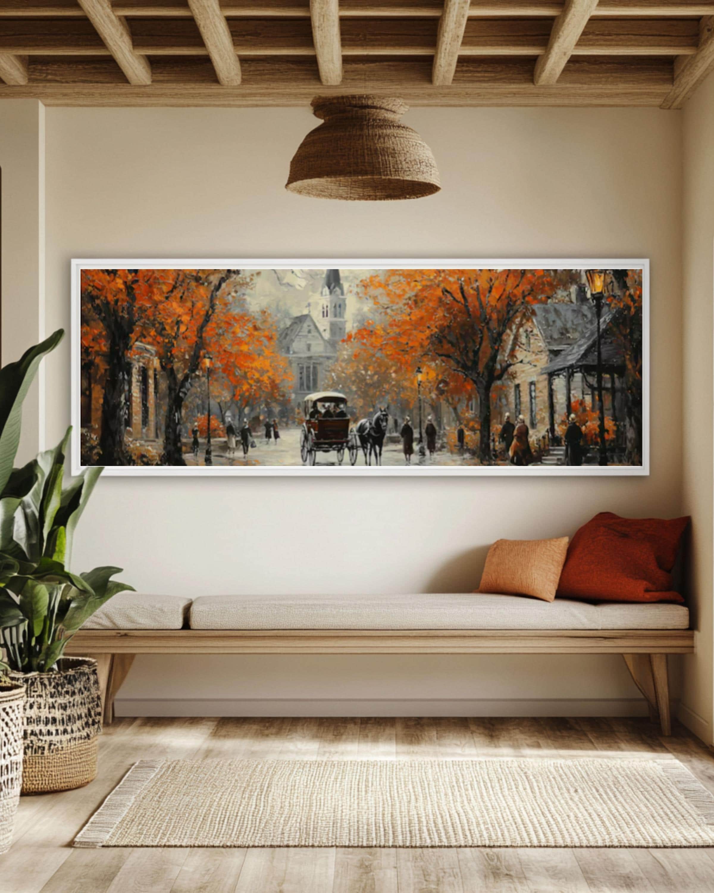 Vintage Autumn City Street Oil Painting: Horse Carriage & Church Canvas Wall Art Print – Premium Home Decor