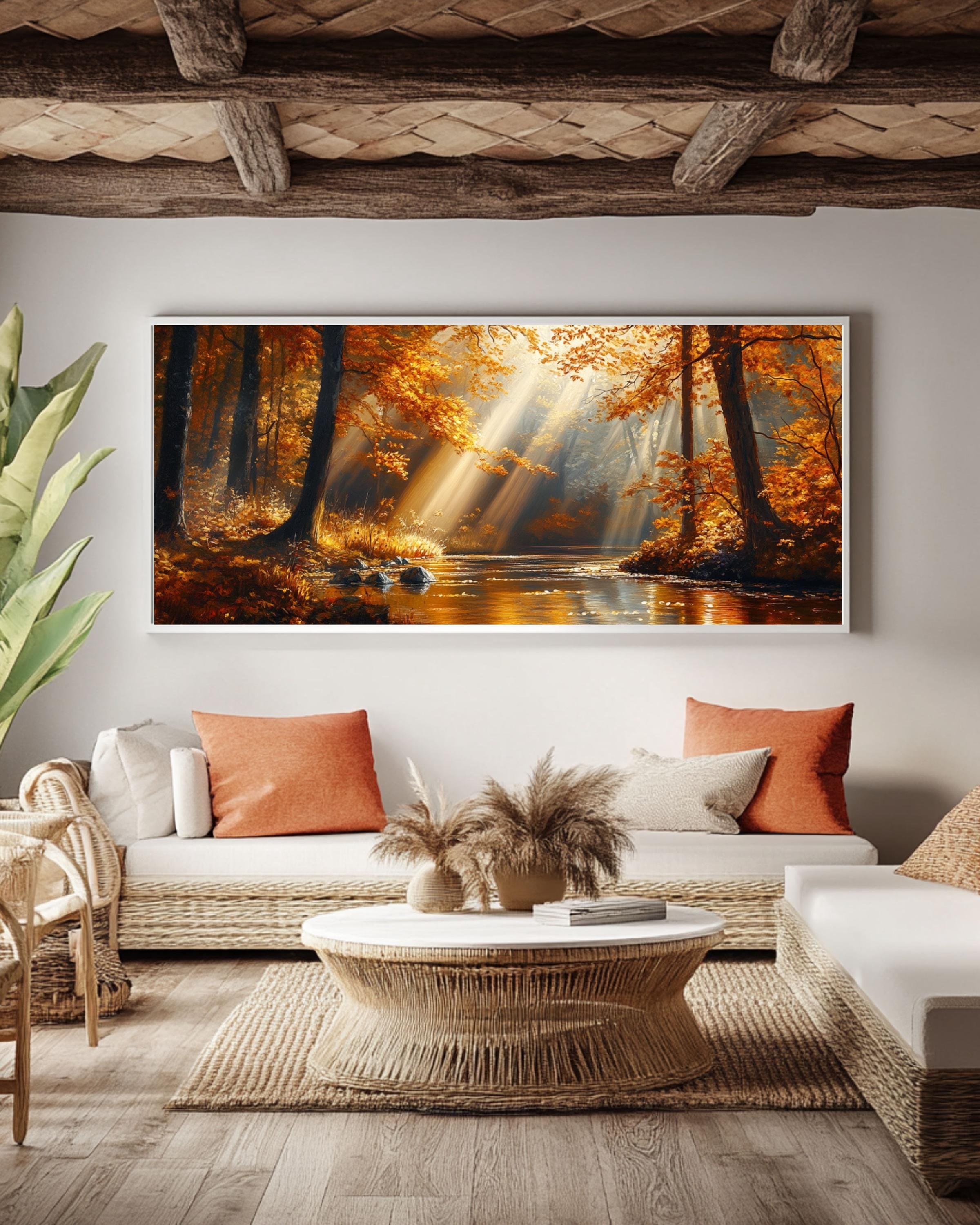 Golden Autumn Forest River Canvas Art: Cinematic Landscape Painting Canvas Wall Art Print – Premium Home Decor