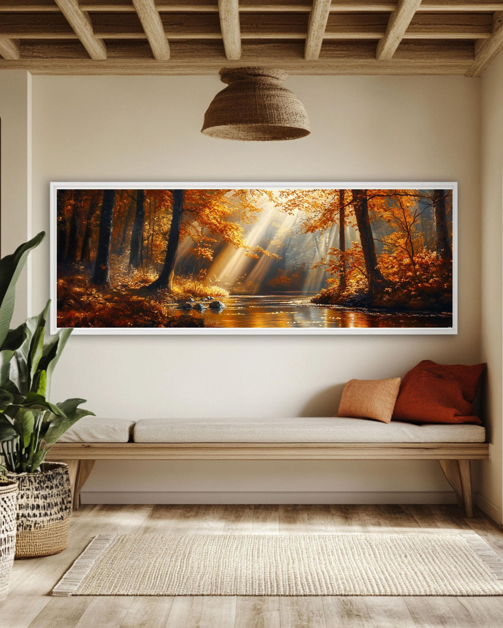 Golden Autumn Forest River Canvas Art: Cinematic Landscape Painting Canvas Wall Art Print – Premium Home Decor