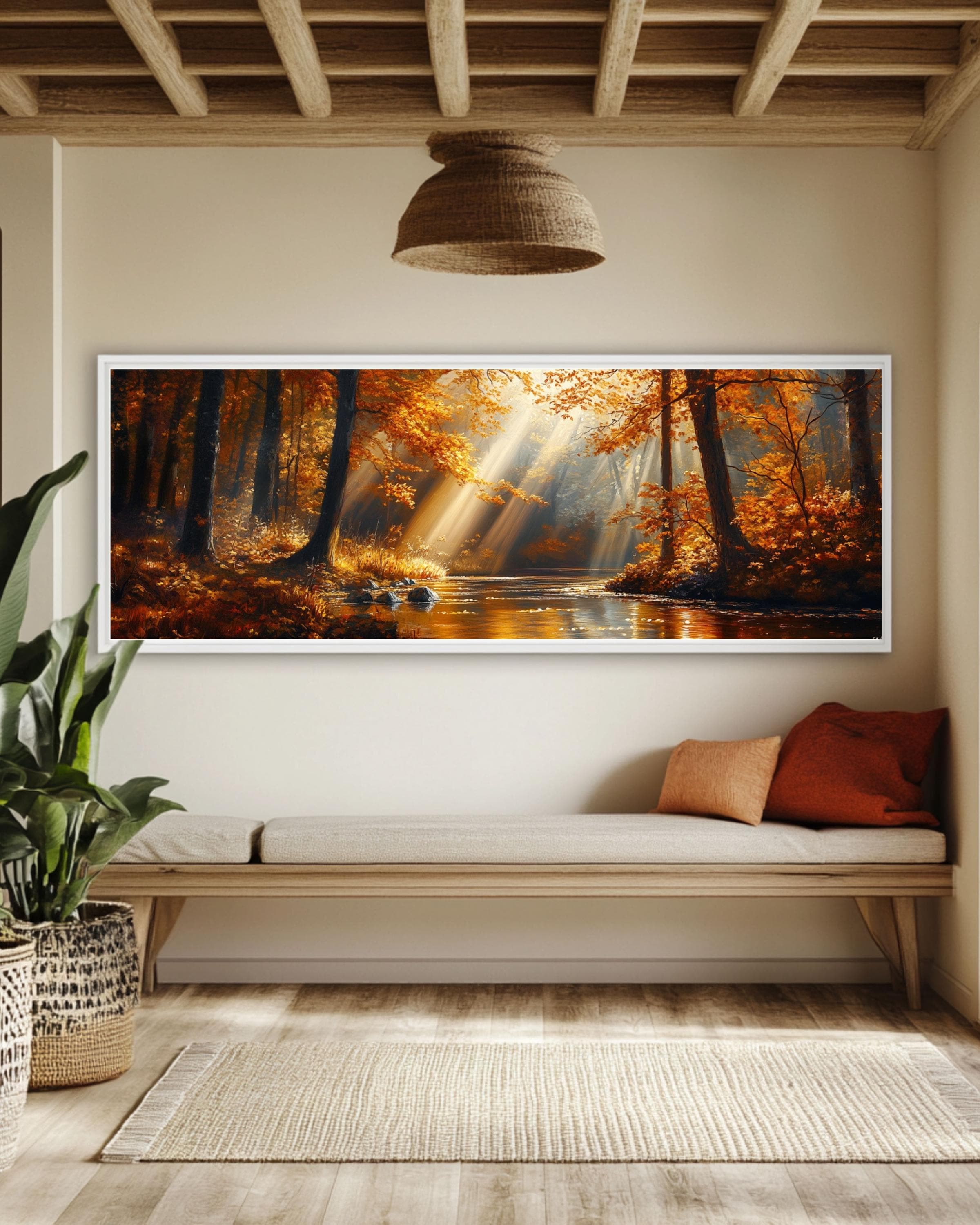 Golden Autumn Forest River Canvas Art: Cinematic Landscape Painting Canvas Wall Art Print – Premium Home Decor