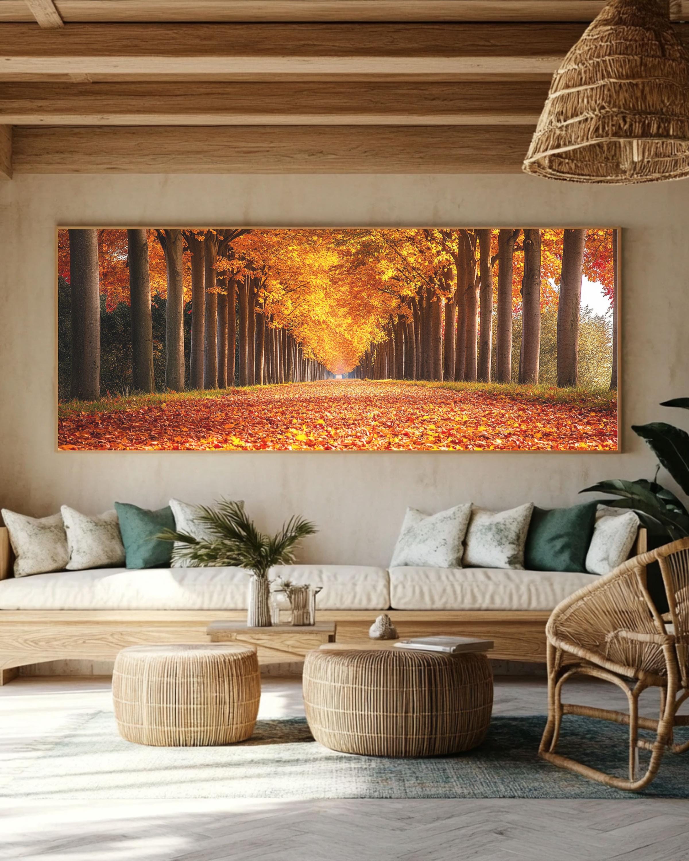 Golden Autumn Tree Alley Photography Print: Fall Foliage Decor Canvas Wall Art Print – Premium Home Decor