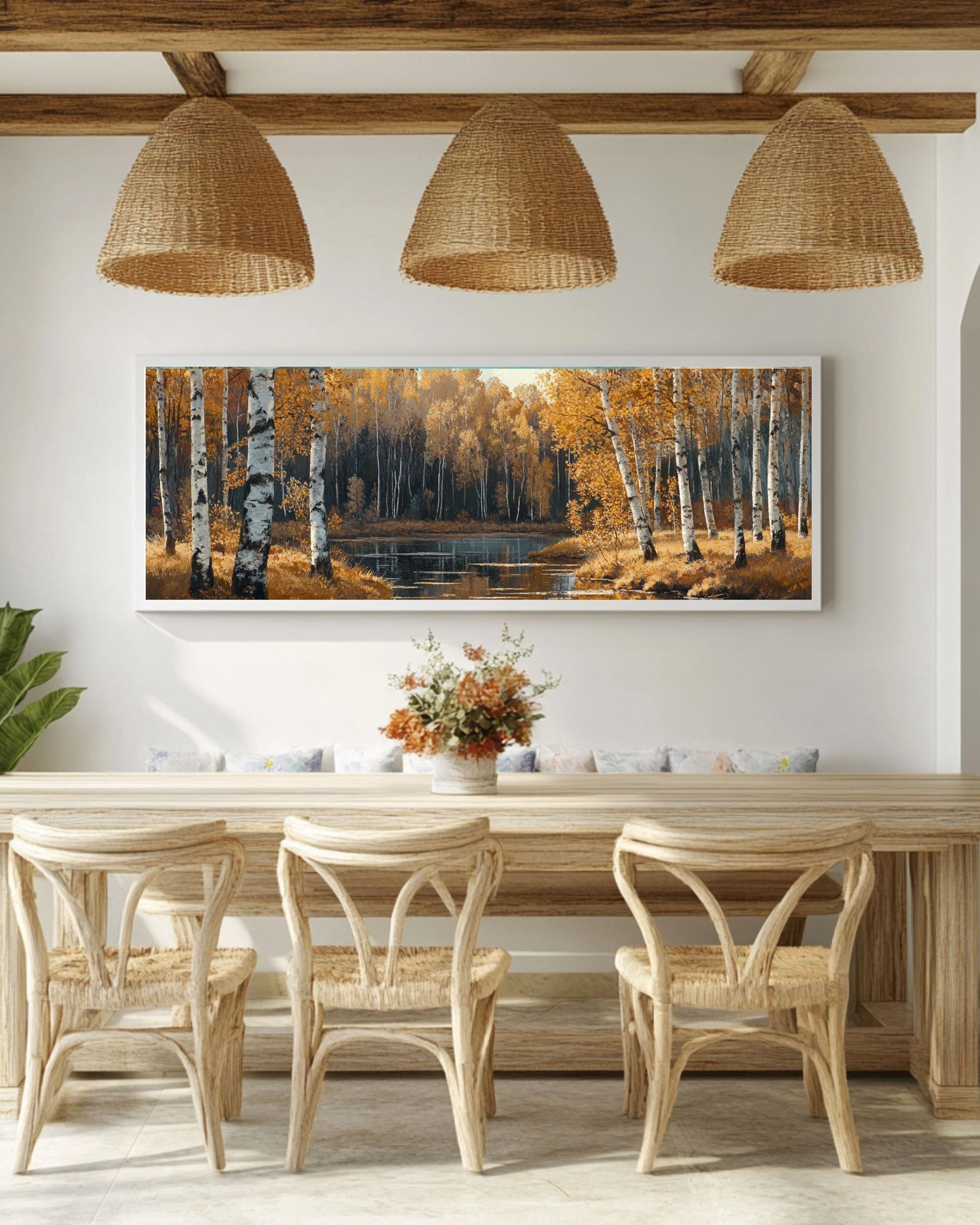 Autumn Birch Forest River Art: Shishkin & Gurney Style Canvas or Poster Canvas Wall Art – Modern Decor Print