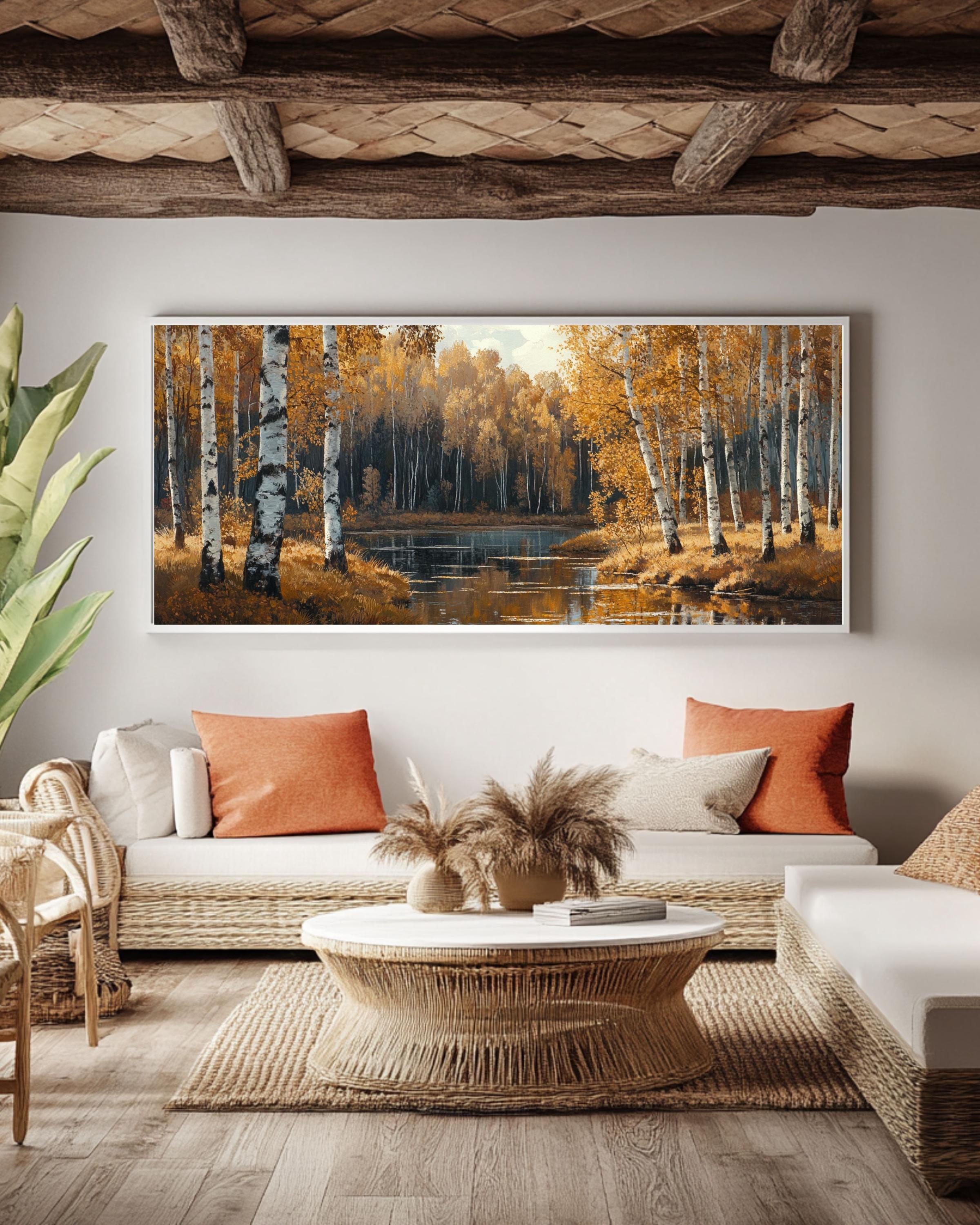 Autumn Birch Forest River Art: Shishkin & Gurney Style Canvas or Poster Canvas Wall Art – Modern Decor Print