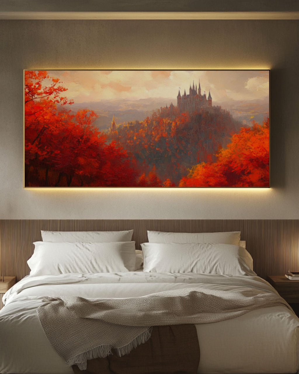 Autumn Castle Art: Red & Orange Forest Landscape Painting Canvas Wall Art – Modern Decor Print