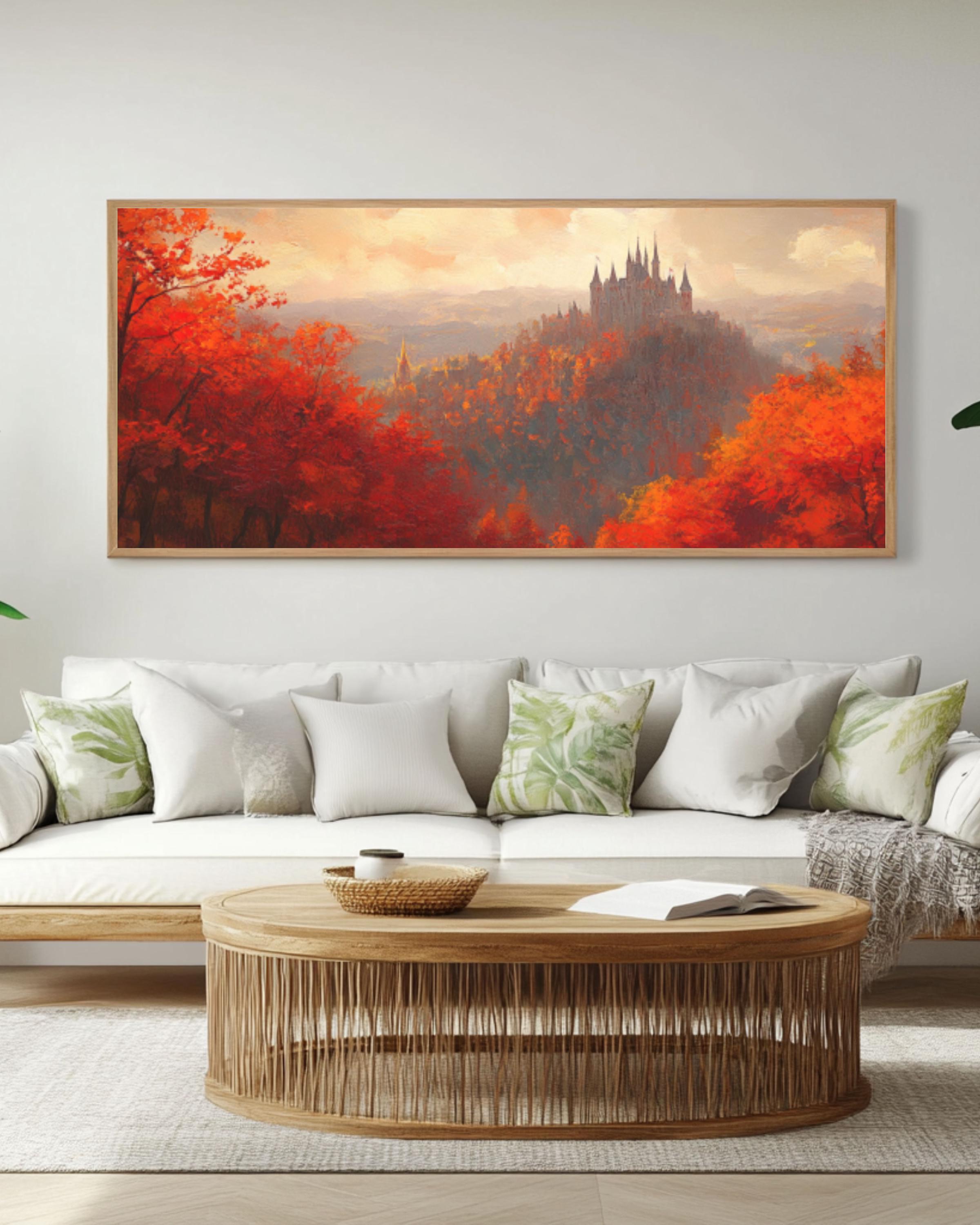 Autumn Castle Art: Red & Orange Forest Landscape Painting Canvas Wall Art – Modern Decor Print