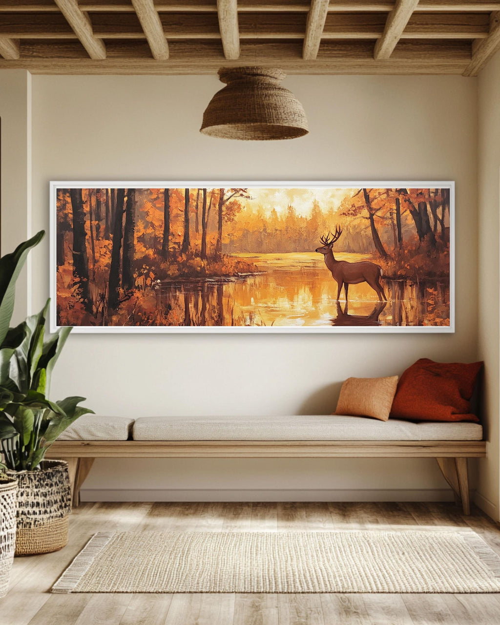 Autumn Deer Canvas Art: Rustic Forest Painting, Golden Hour Light Canvas Wall Art Print – Premium Home Decor