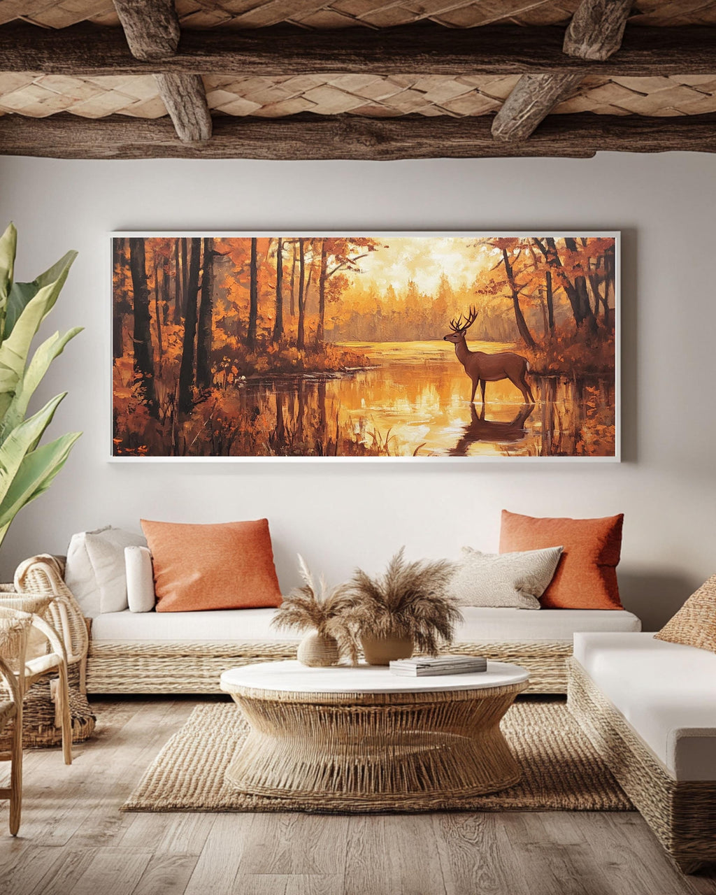 Autumn Deer Canvas Art: Rustic Forest Painting, Golden Hour Light Canvas Wall Art Print – Premium Home Decor