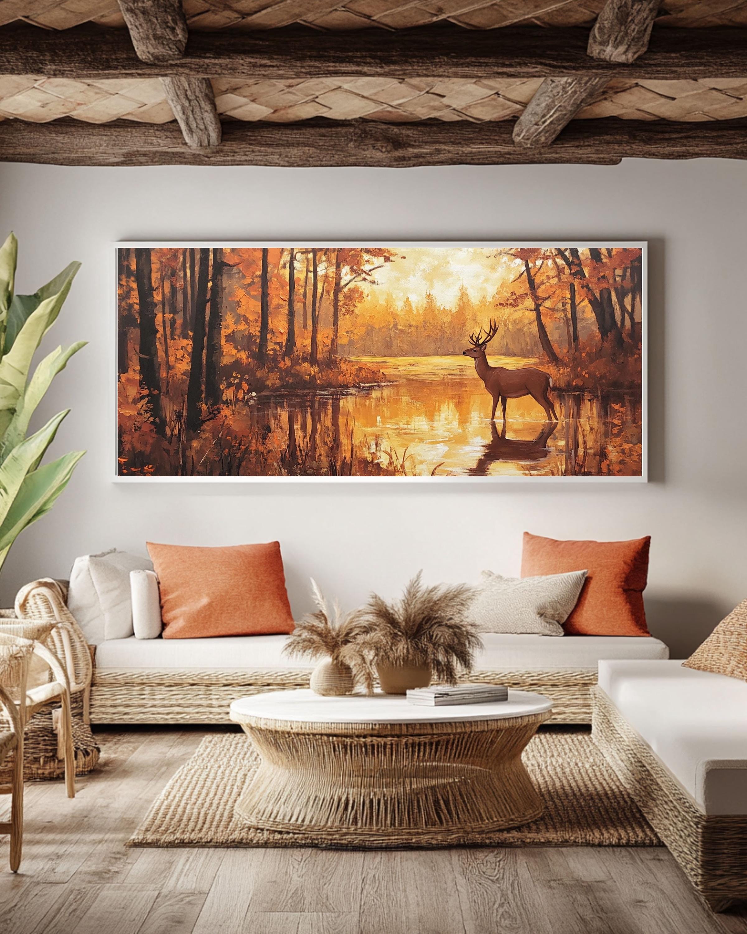 Autumn Deer Canvas Art: Rustic Forest Painting, Golden Hour Light Canvas Wall Art Print – Premium Home Decor