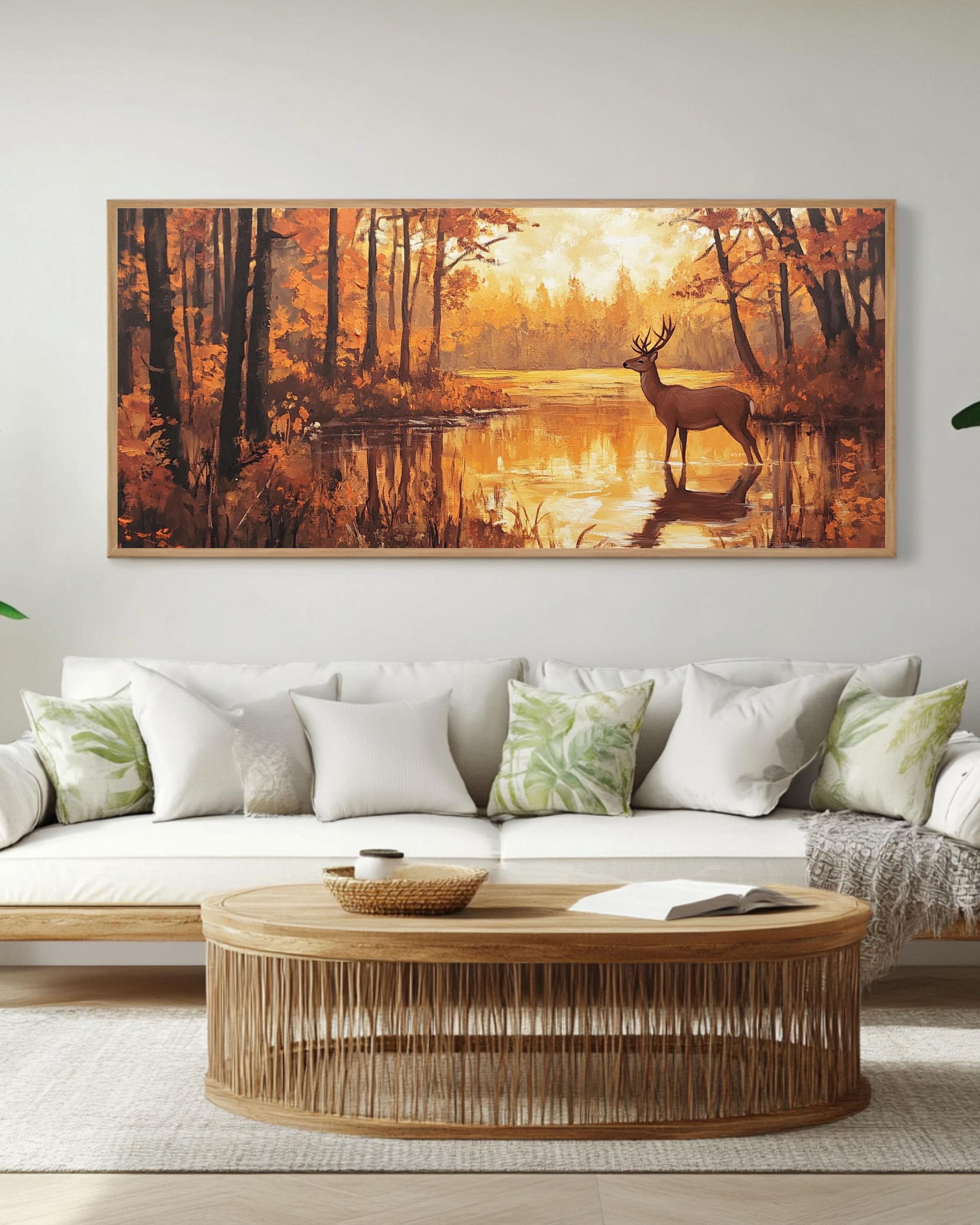 Autumn Deer Canvas Art: Rustic Forest Painting, Golden Hour Light Canvas Wall Art Print – Premium Home Decor