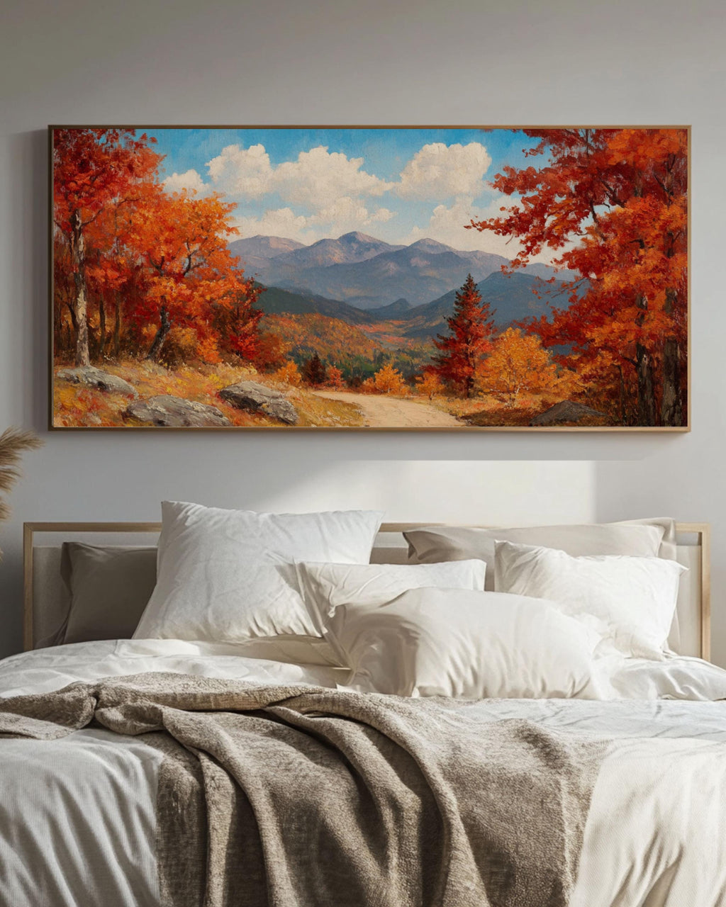 Vintage Autumn Landscape Art: Mountain View Oil Painting Style Canvas Wall Art – Modern Decor Print