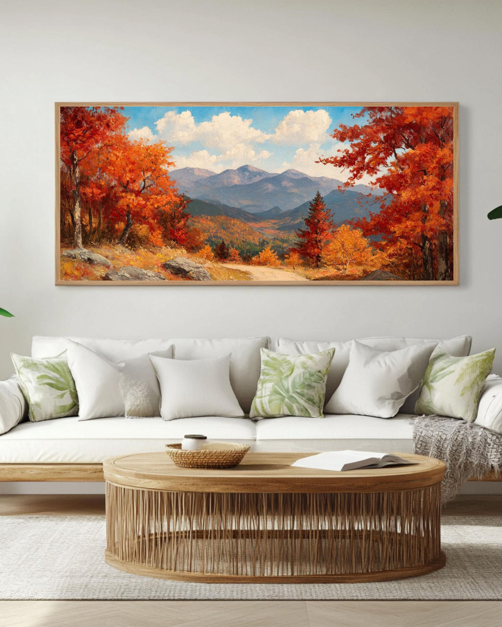 Vintage Autumn Landscape Art: Mountain View Oil Painting Style Canvas Wall Art – Modern Decor Print