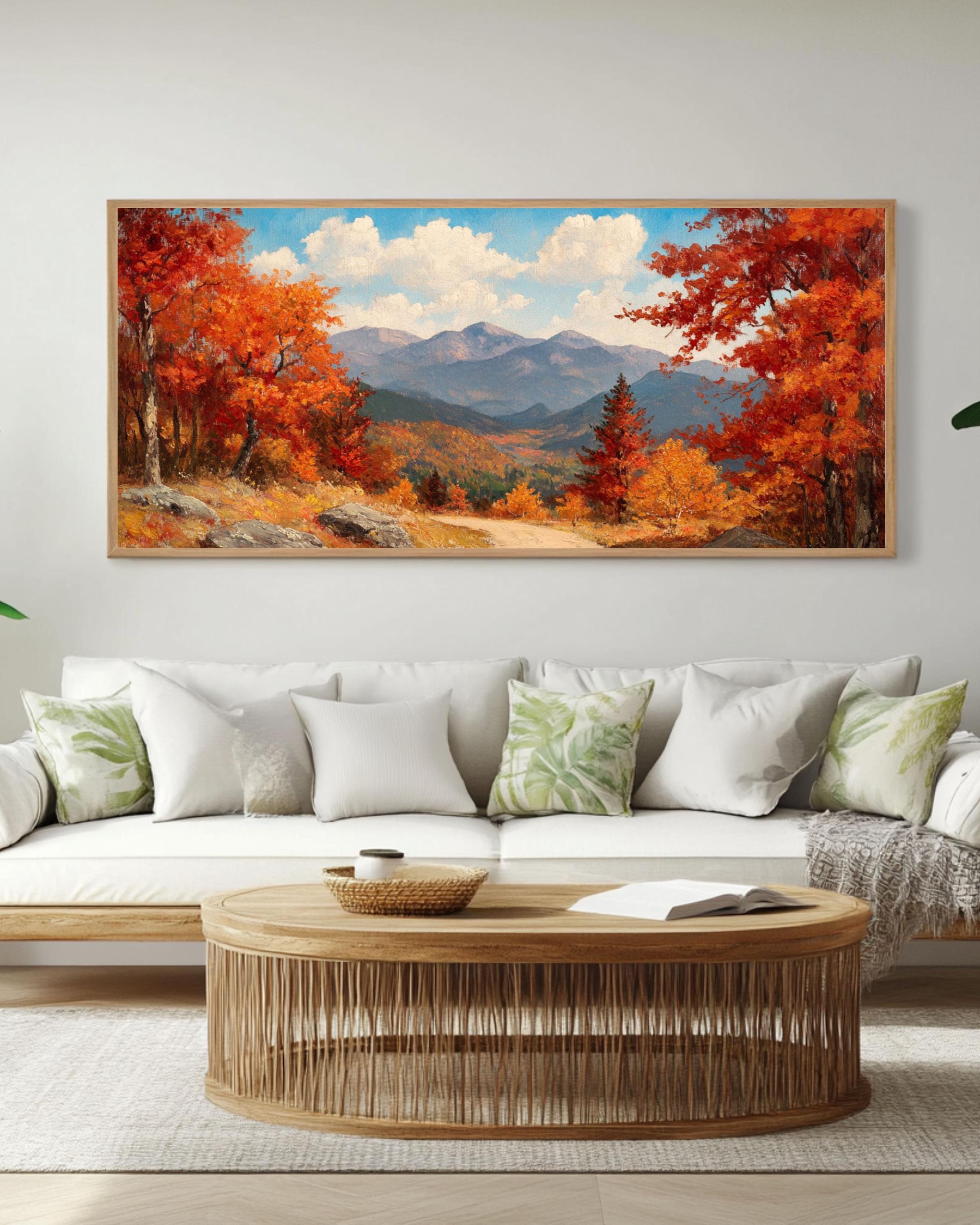 Vintage Autumn Landscape Art: Mountain View Oil Painting Style Canvas Wall Art – Modern Decor Print