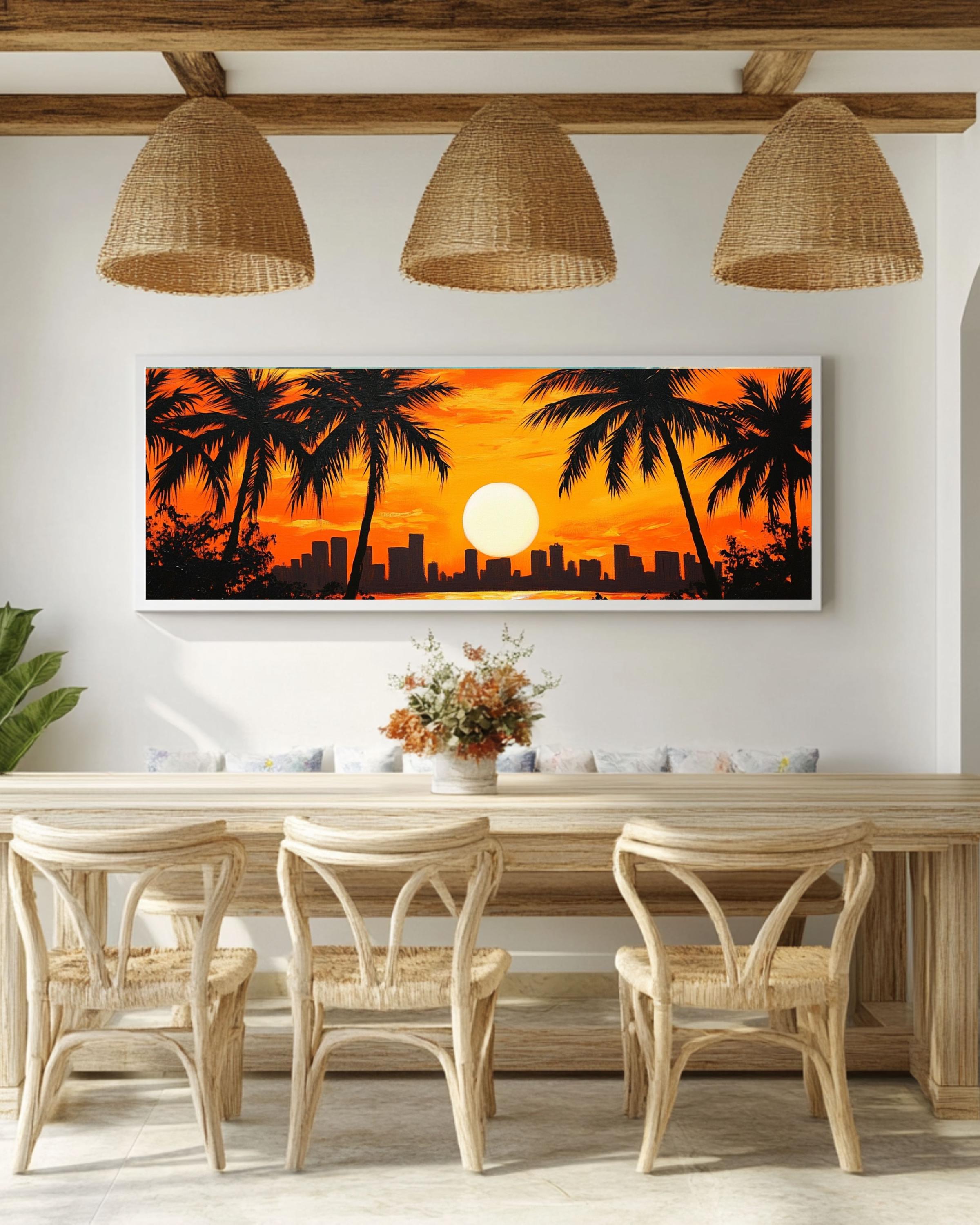 Sunset Palm Tree Canvas Print: Tropical Twilight Cityscape Wall Art Canvas Wall Art Print – Premium Home Decor
