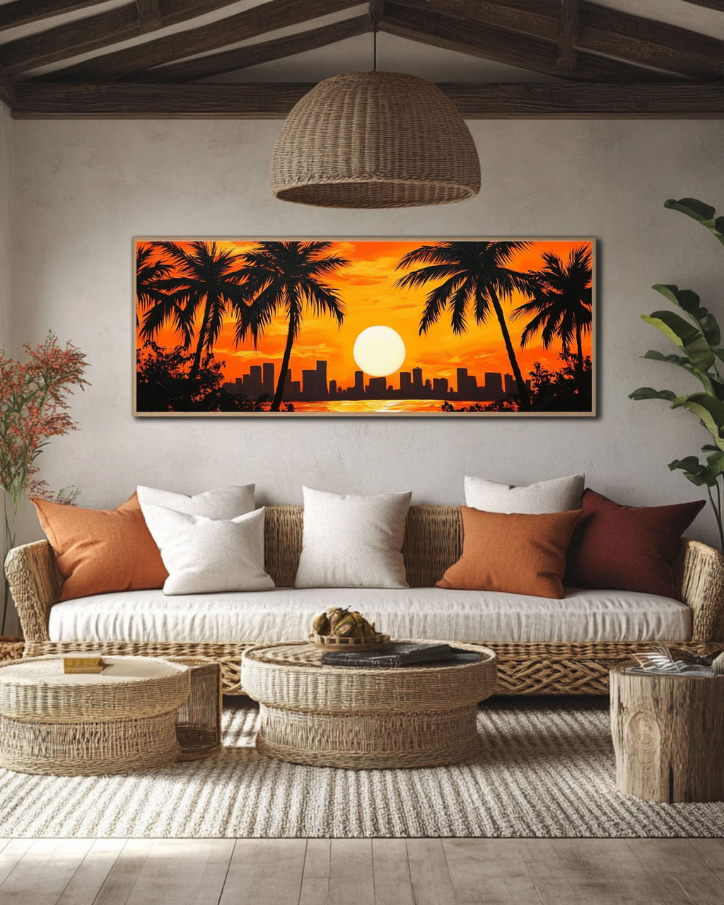 Sunset Palm Tree Canvas Print: Tropical Twilight Cityscape Wall Art Canvas Wall Art Print – Premium Home Decor