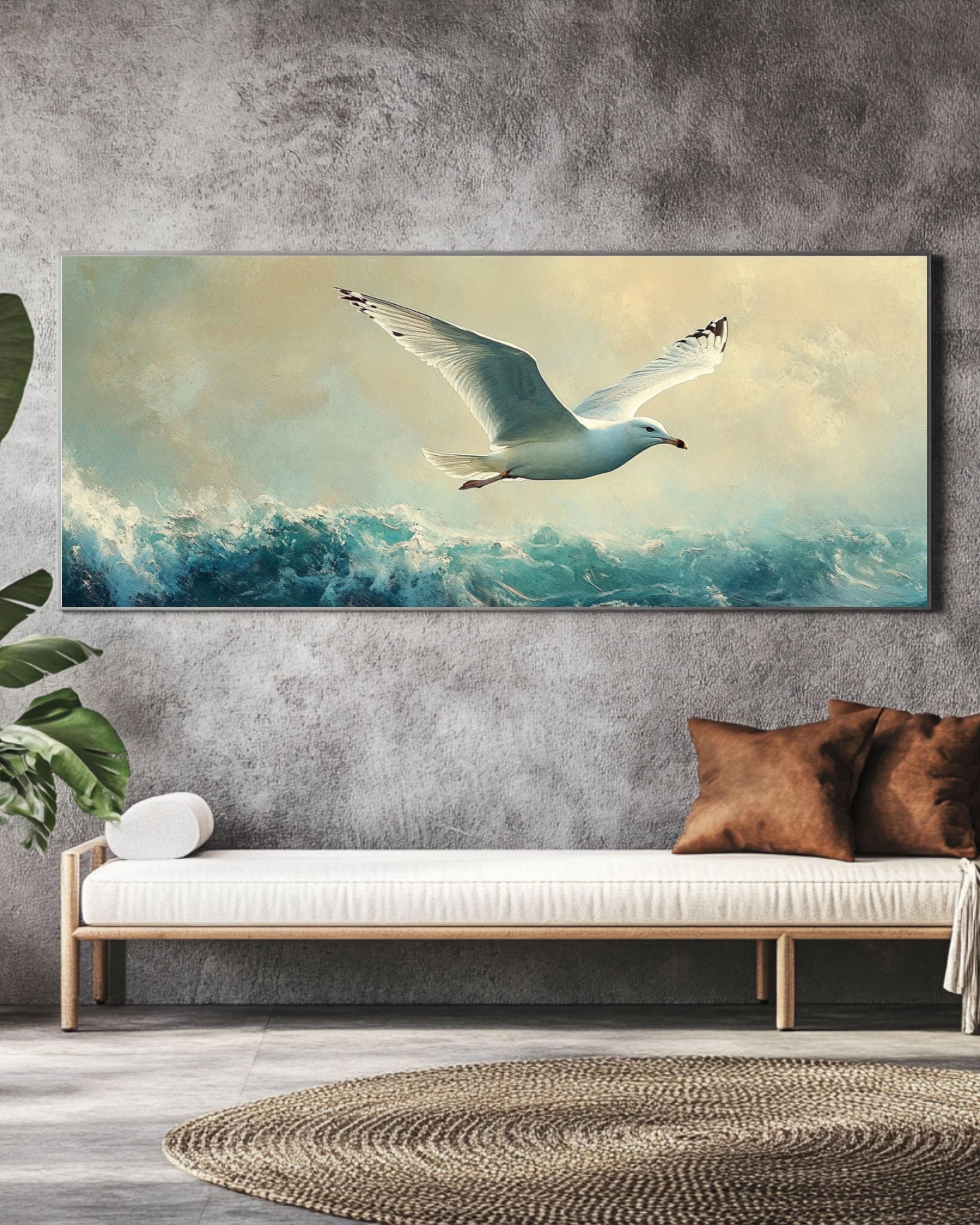 Seagull in Flight Coastal Print: Oil Painting Style Nautical Wall Art Canvas Wall Art Print – Premium Home Decor