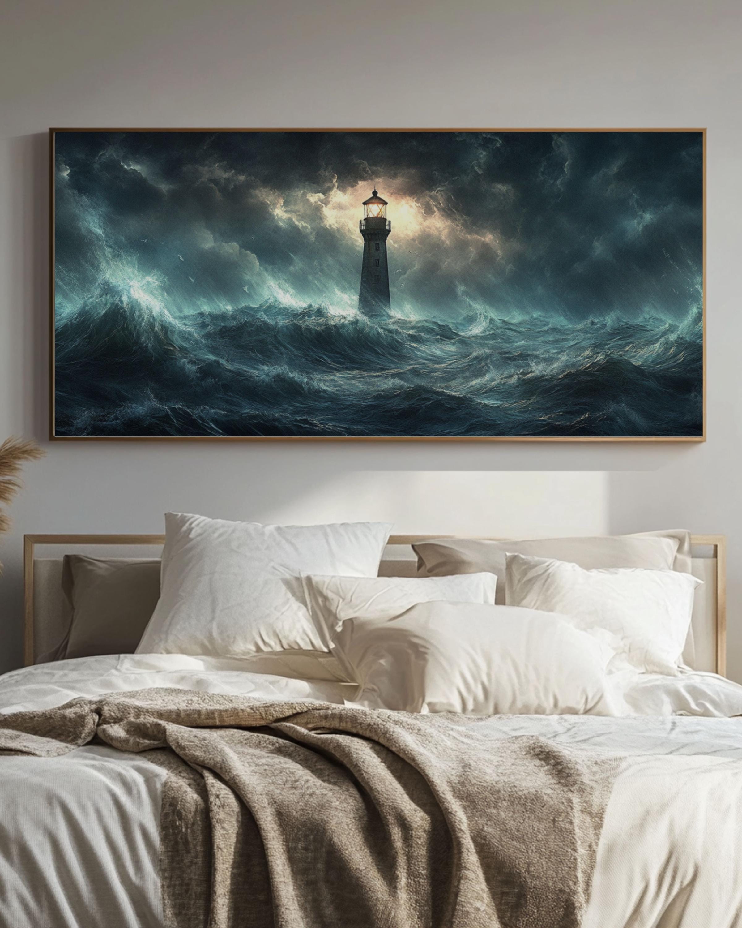 Stormy Sea Lighthouse Print: Dramatic Nautical Wall Art Canvas Wall Art Print – Premium Home Decor