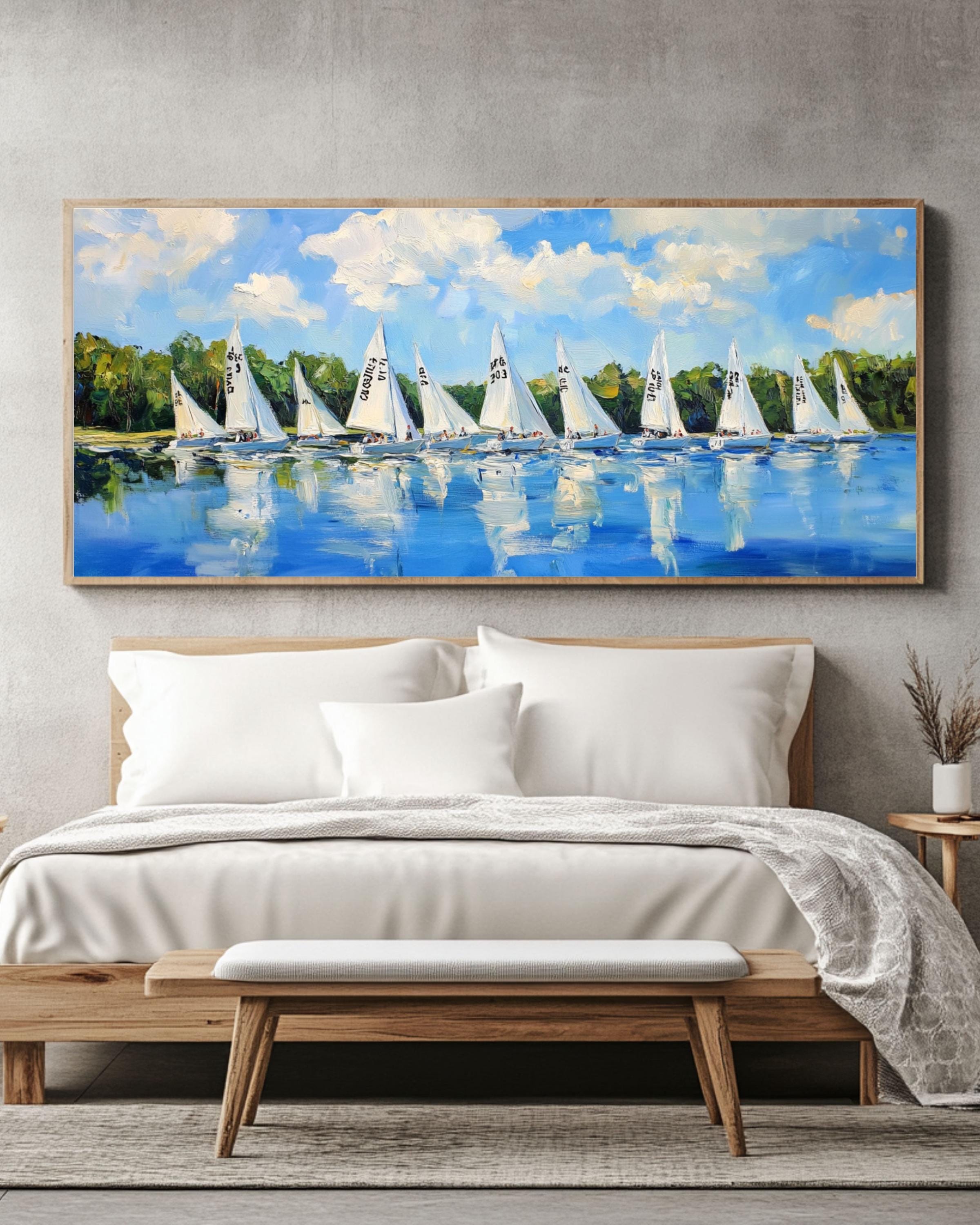 Impressionist Sailboat Regatta Art: Lake Scene Canvas or Poster Canvas Wall Art Print – Premium Home Decor