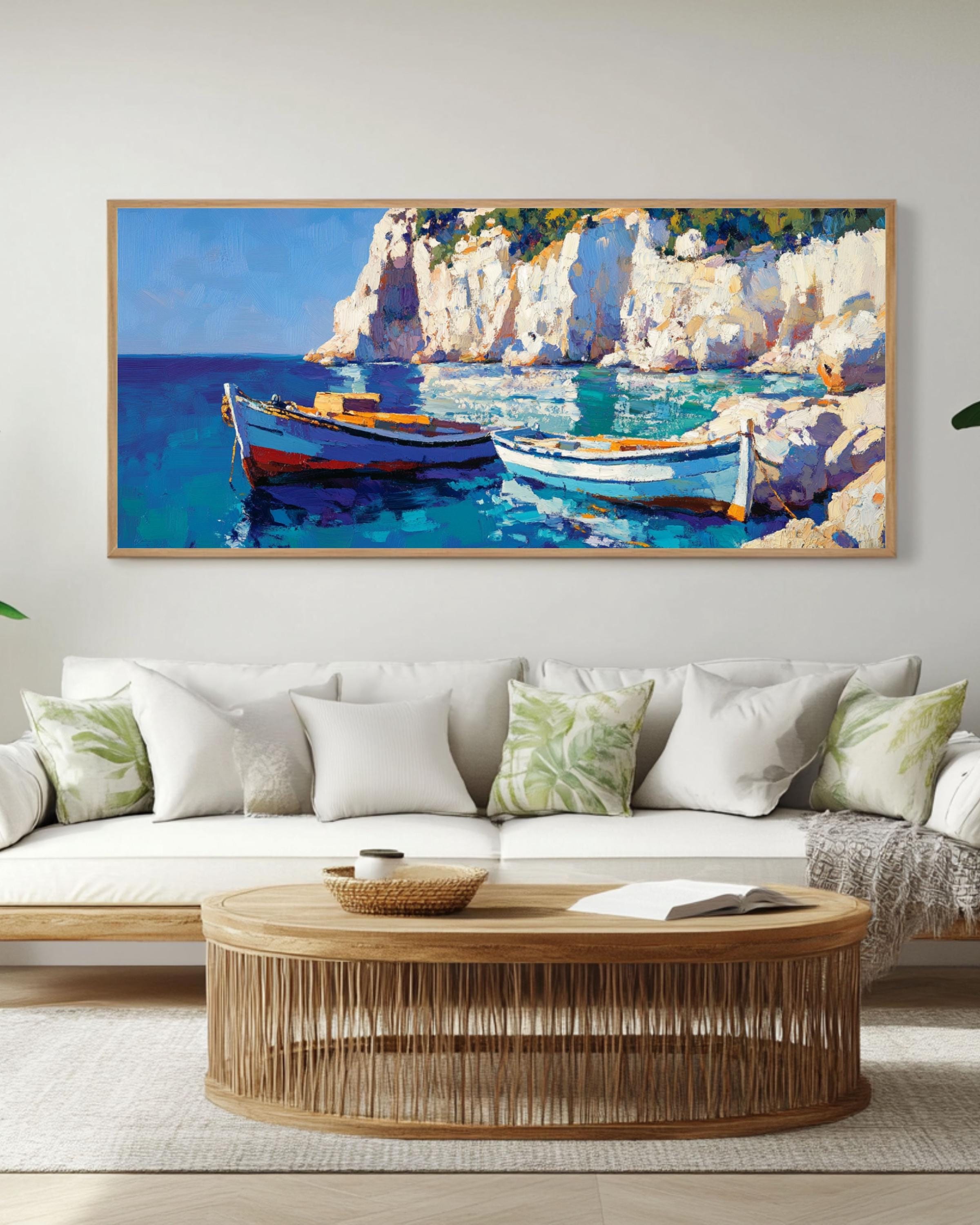Mediterranean Fishing Boat Art: Coastal Oil Painting Style Print Canvas Wall Art Print – Premium Home Decor