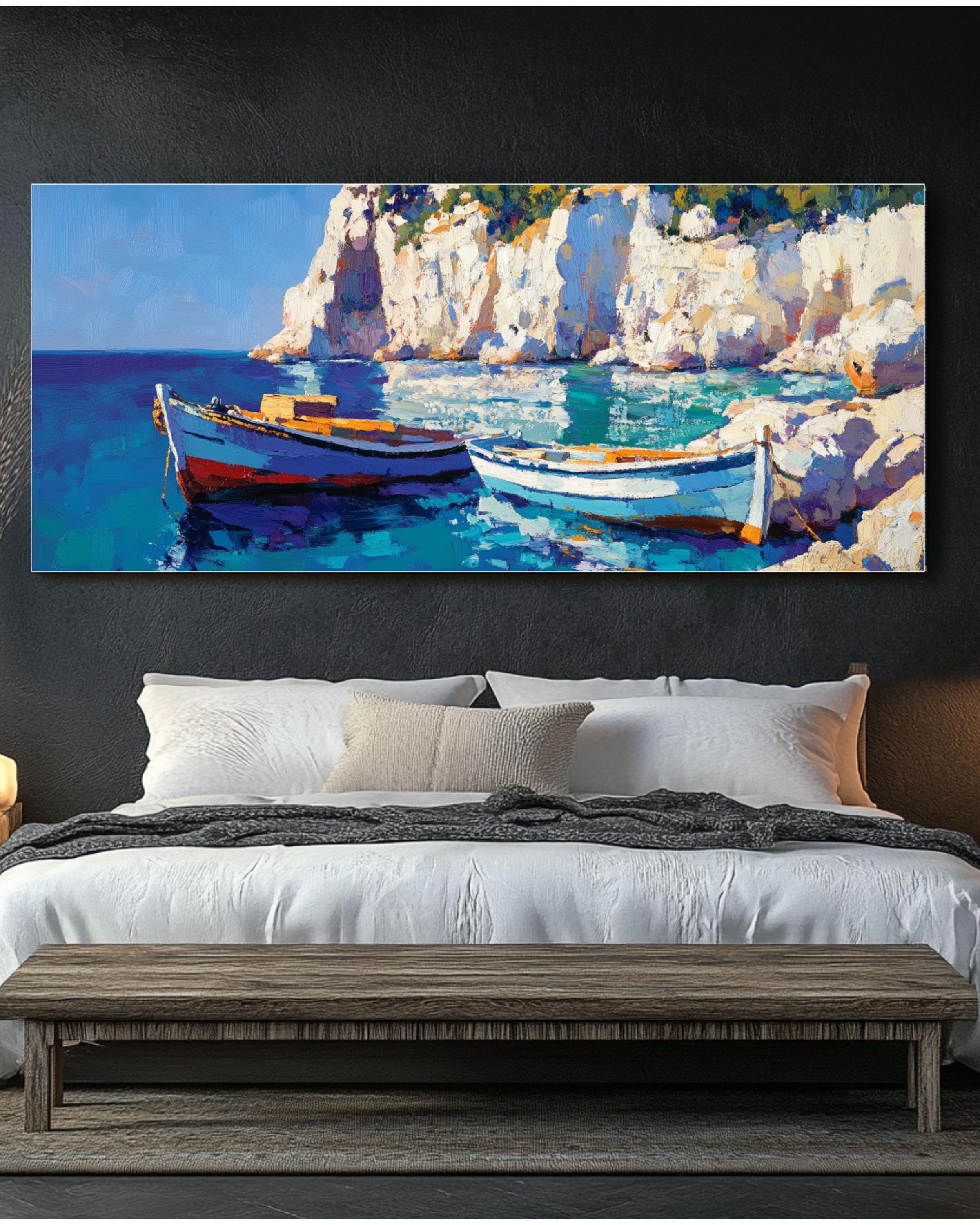 Mediterranean Fishing Boat Art: Coastal Oil Painting Style Print Canvas Wall Art Print – Premium Home Decor