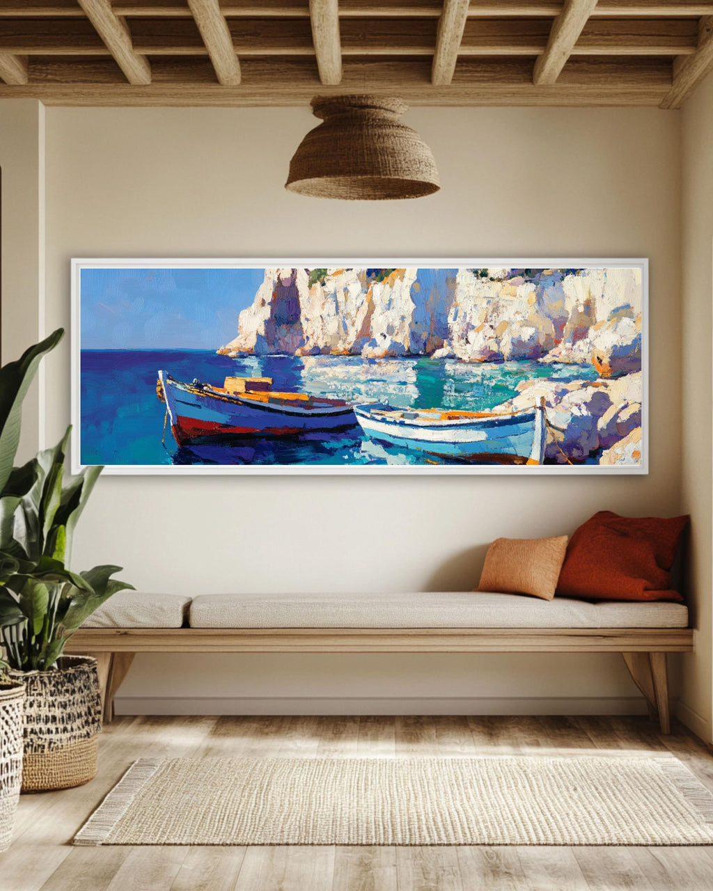 Mediterranean Fishing Boat Art: Coastal Oil Painting Style Print Canvas Wall Art Print – Premium Home Decor