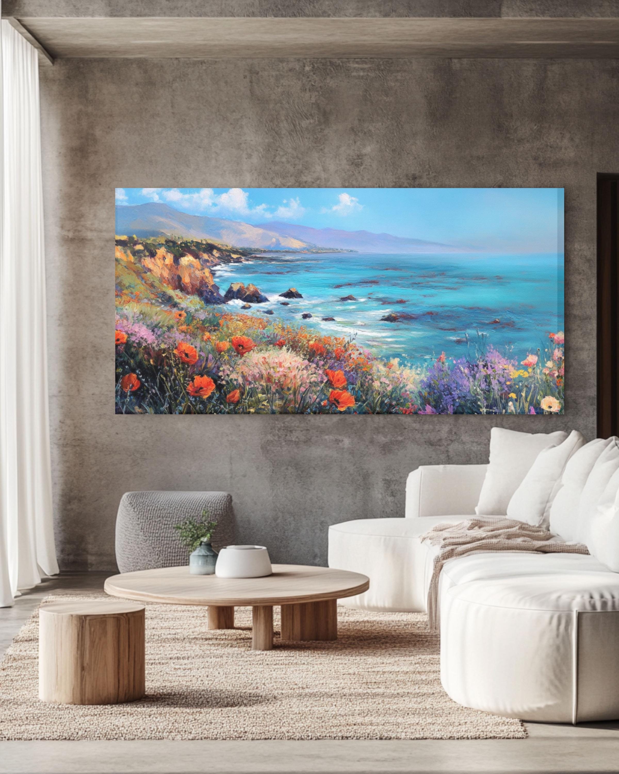 California Poppy Coastal Landscape Art: David Hockney Style, Vibrant Wall Decor Canvas Wall Art Print – Premium Home Decor