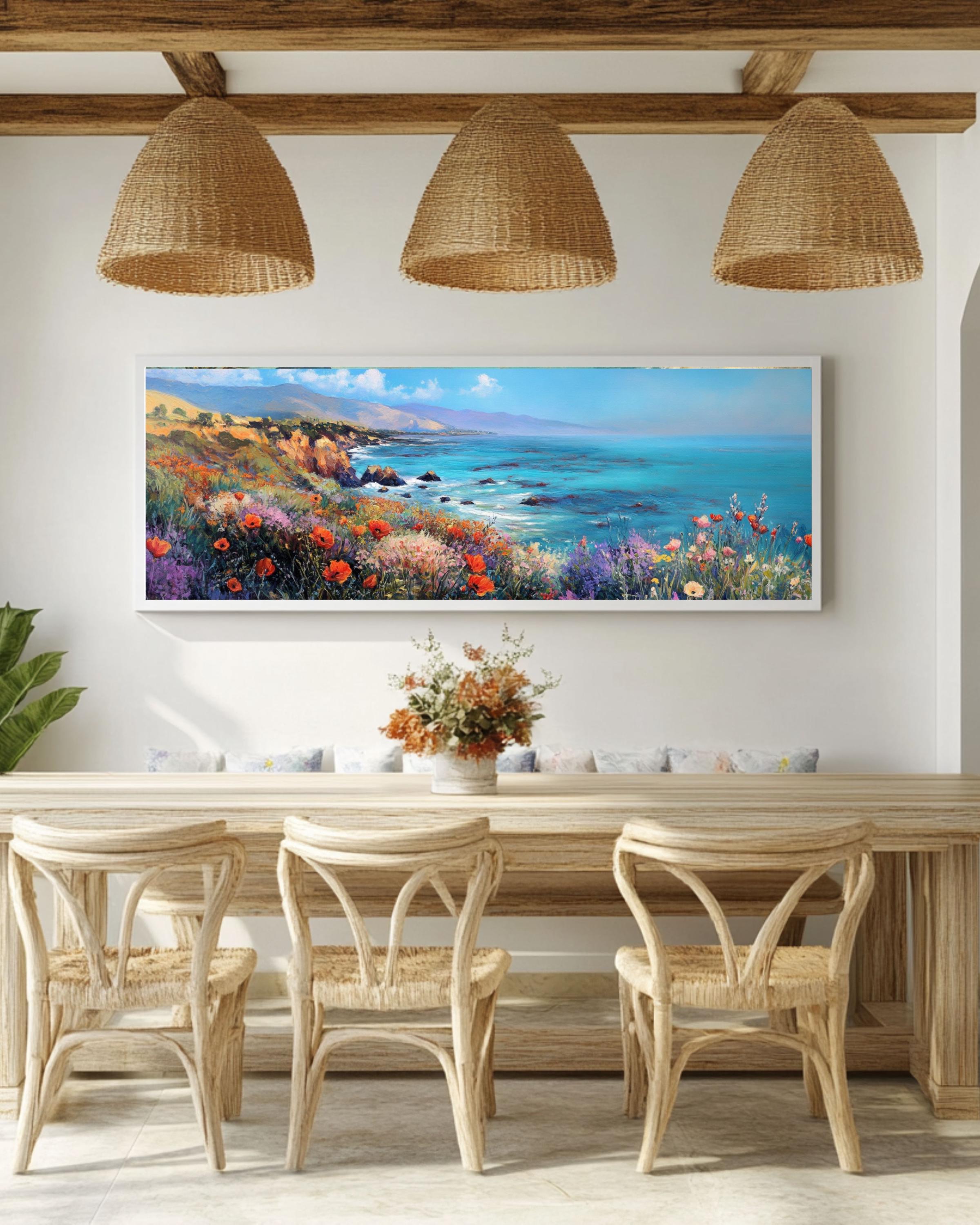 California Poppy Coastal Landscape Art: David Hockney Style, Vibrant Wall Decor Canvas Wall Art Print – Premium Home Decor