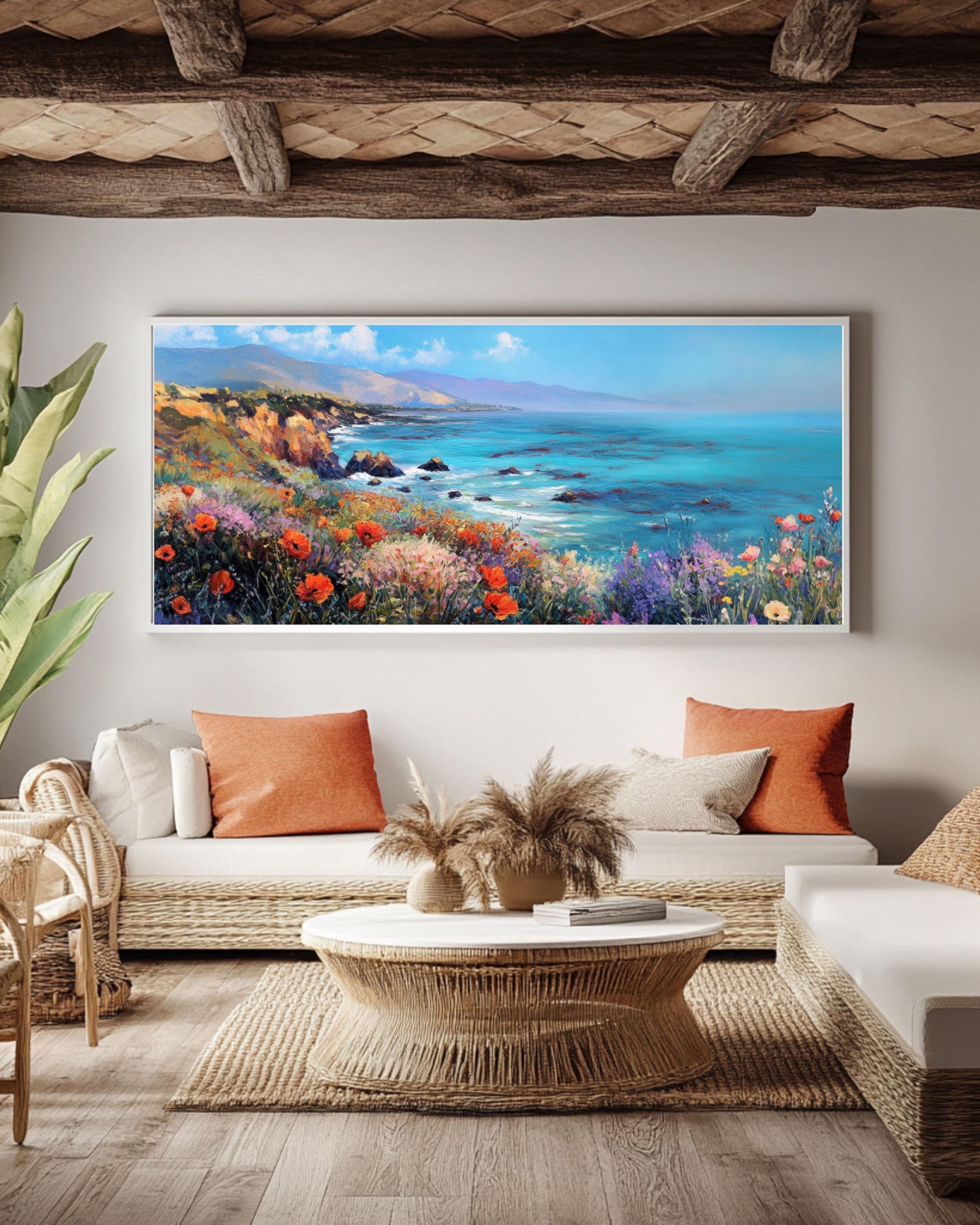 California Poppy Coastal Landscape Art: David Hockney Style, Vibrant Wall Decor Canvas Wall Art Print – Premium Home Decor