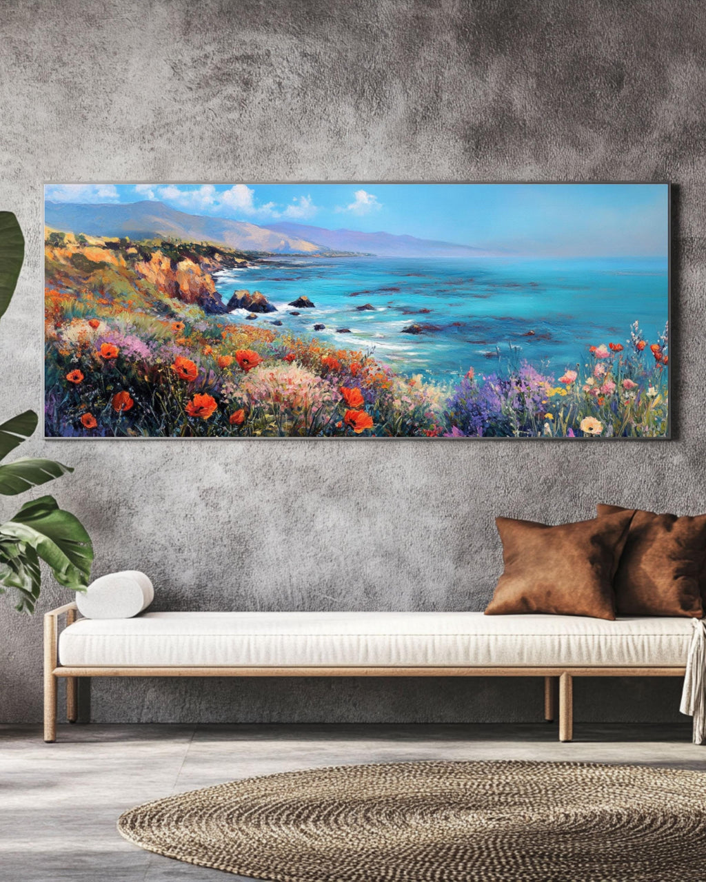 California Poppy Coastal Landscape Art: David Hockney Style, Vibrant Wall Decor Canvas Wall Art Print – Premium Home Decor