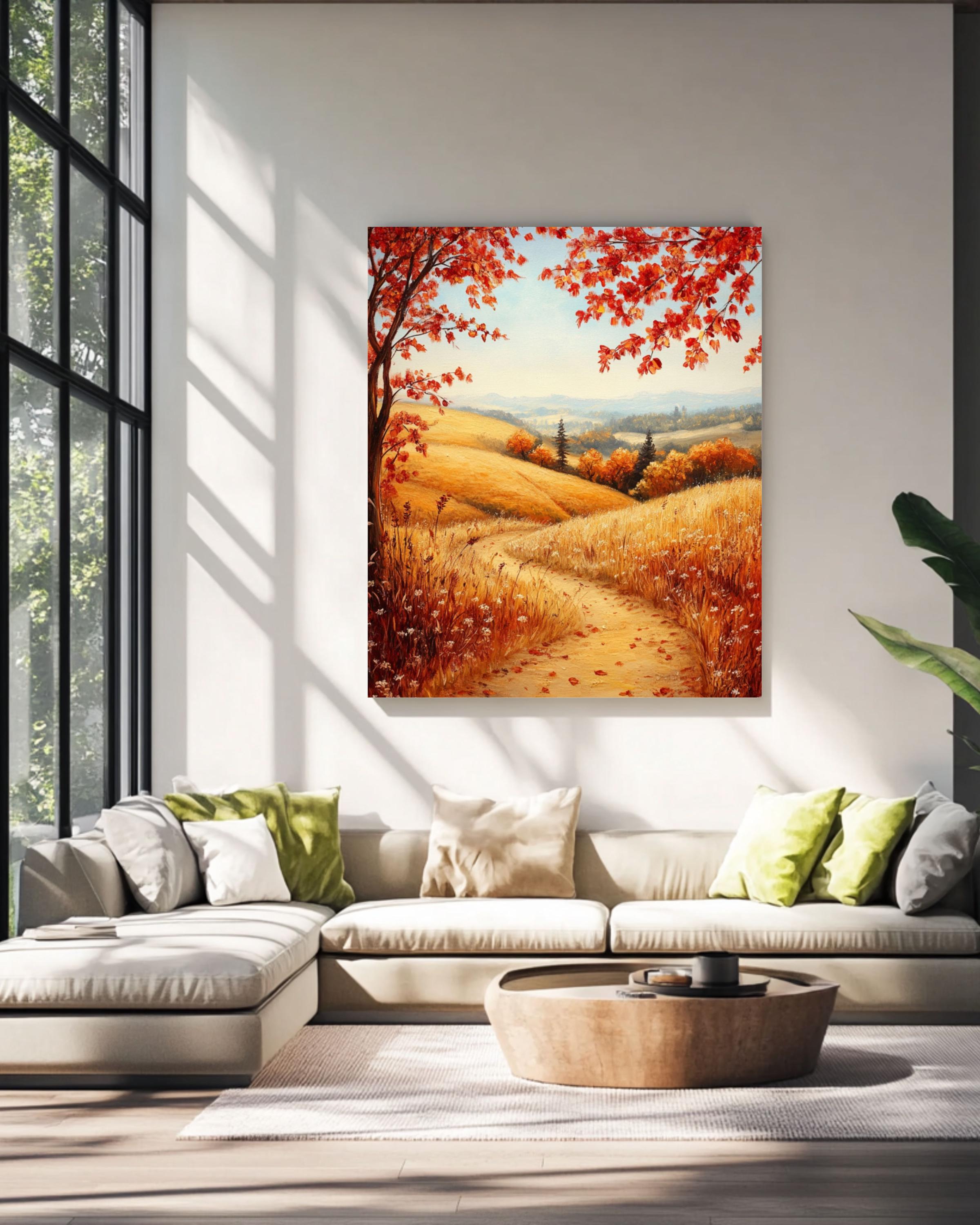 Vintage Autumn Landscape Print: Golden Hills & Wildflowers Canvas Wall Art Print – Premium Home Decor