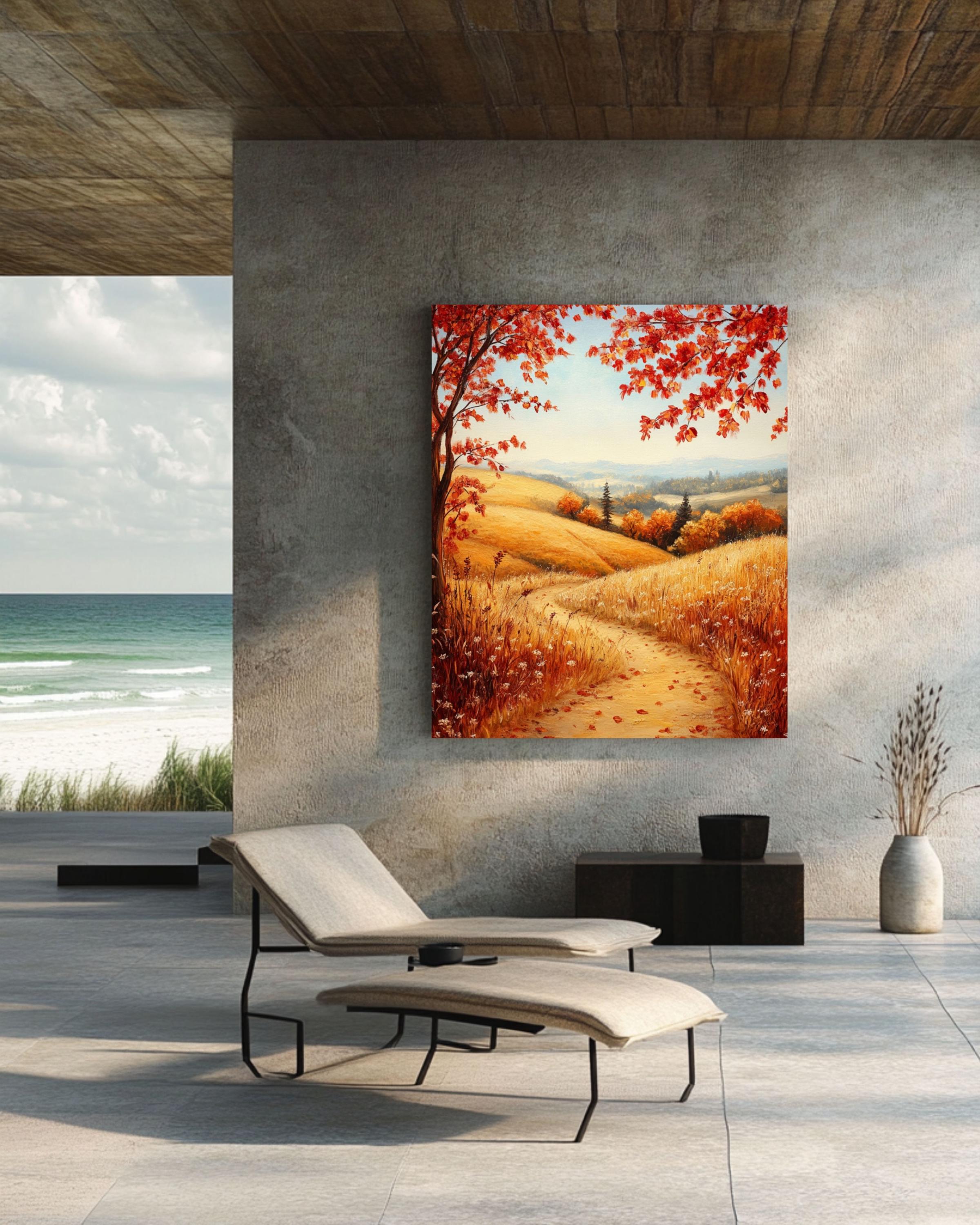 Vintage Autumn Landscape Print: Golden Hills & Wildflowers Canvas Wall Art Print – Premium Home Decor
