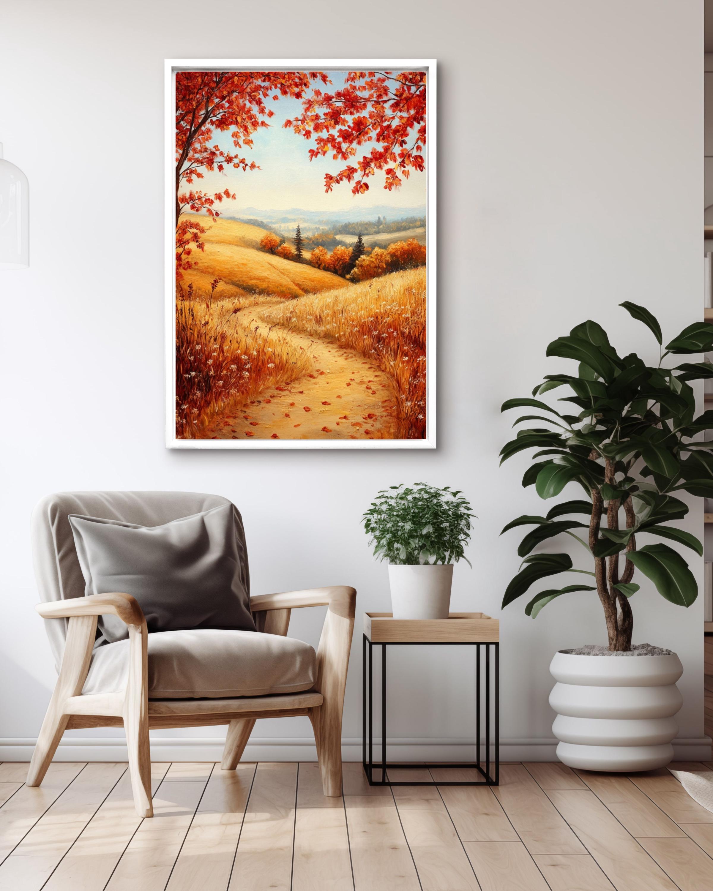Vintage Autumn Landscape Print: Golden Hills & Wildflowers Canvas Wall Art Print – Premium Home Decor