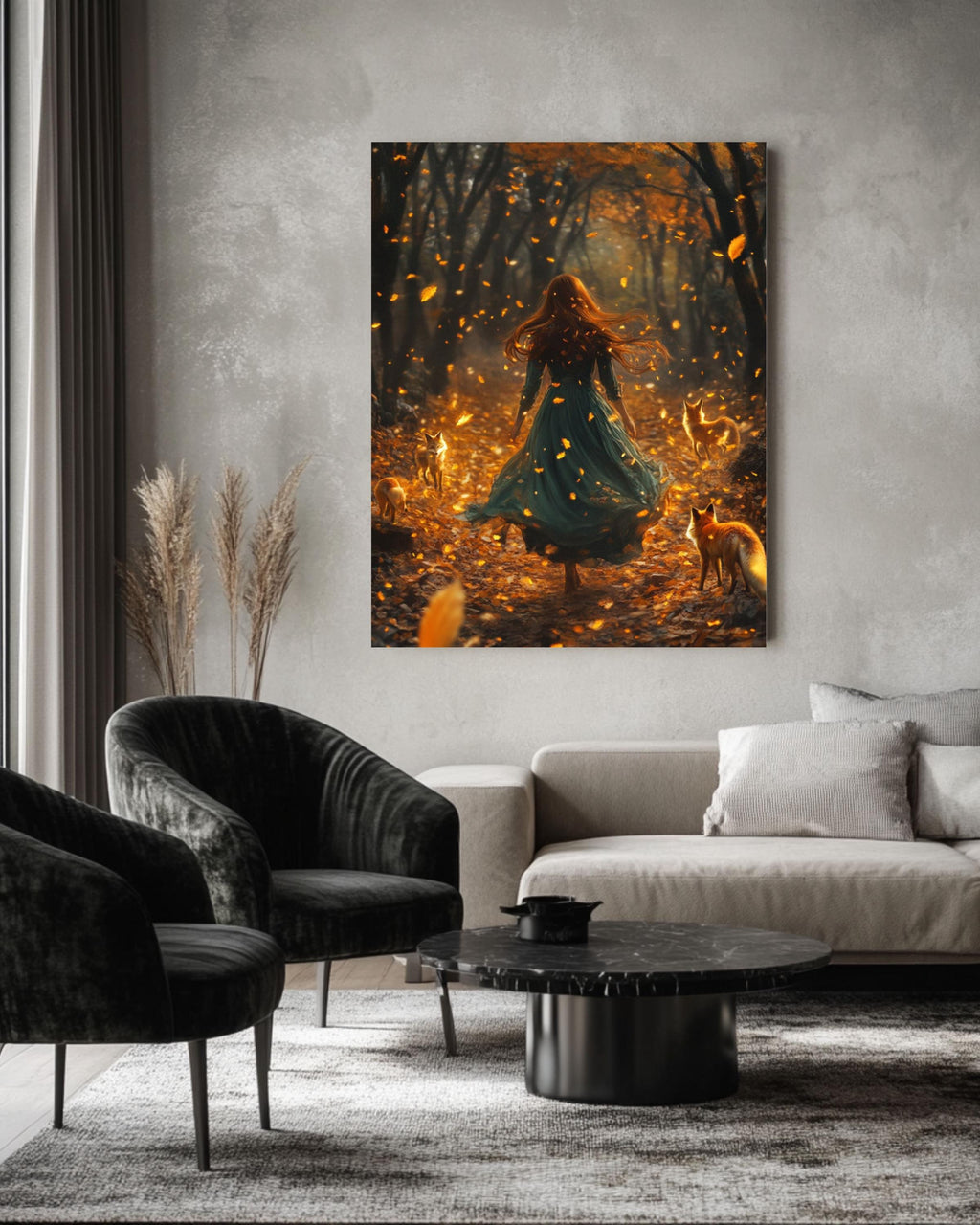 Enchanted Autumn Forest Art: Girl with Foxes, Fantasy Illustration Canvas Wall Art Print – Premium Home Decor