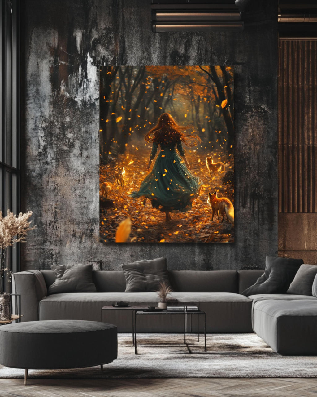 Enchanted Autumn Forest Art: Girl with Foxes, Fantasy Illustration Canvas Wall Art Print – Premium Home Decor