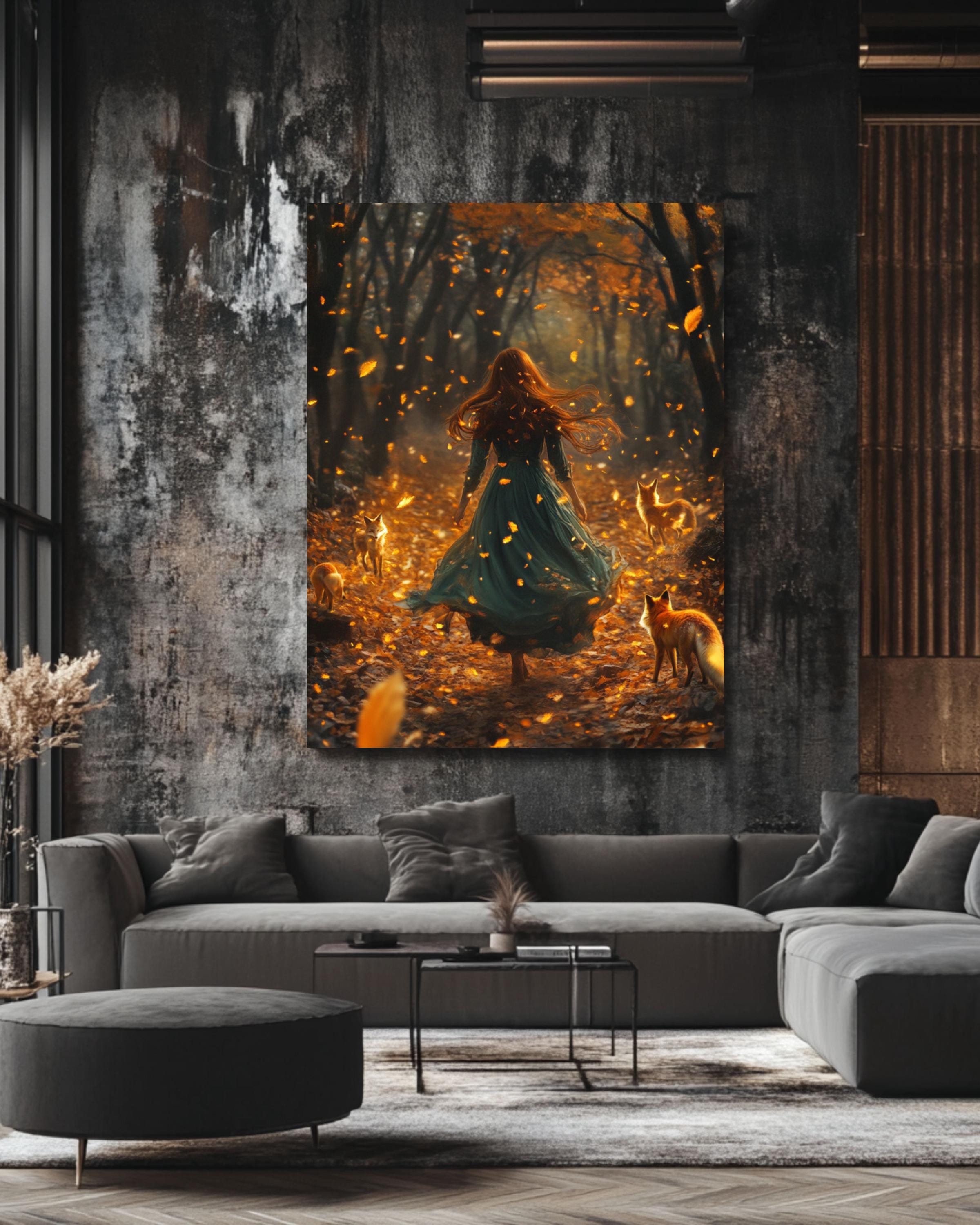 Enchanted Autumn Forest Art: Girl with Foxes, Fantasy Illustration Canvas Wall Art Print – Premium Home Decor